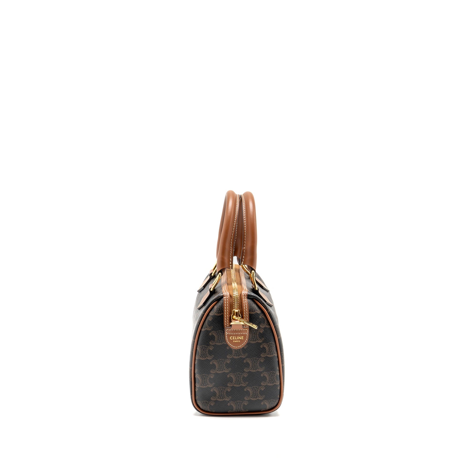 Celine Boston Purse Triomphe Calfskin Handbag Canvas Tan Travel Bag