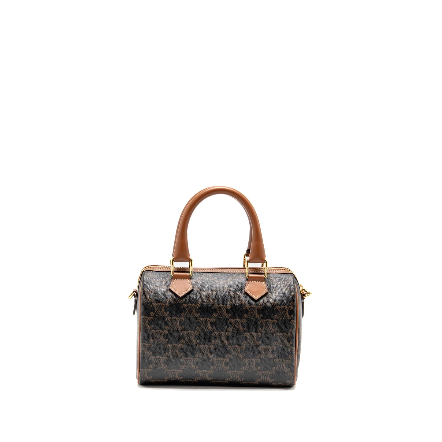 Celine Boston Purse Triomphe Calfskin Handbag Canvas Tan Travel Bag