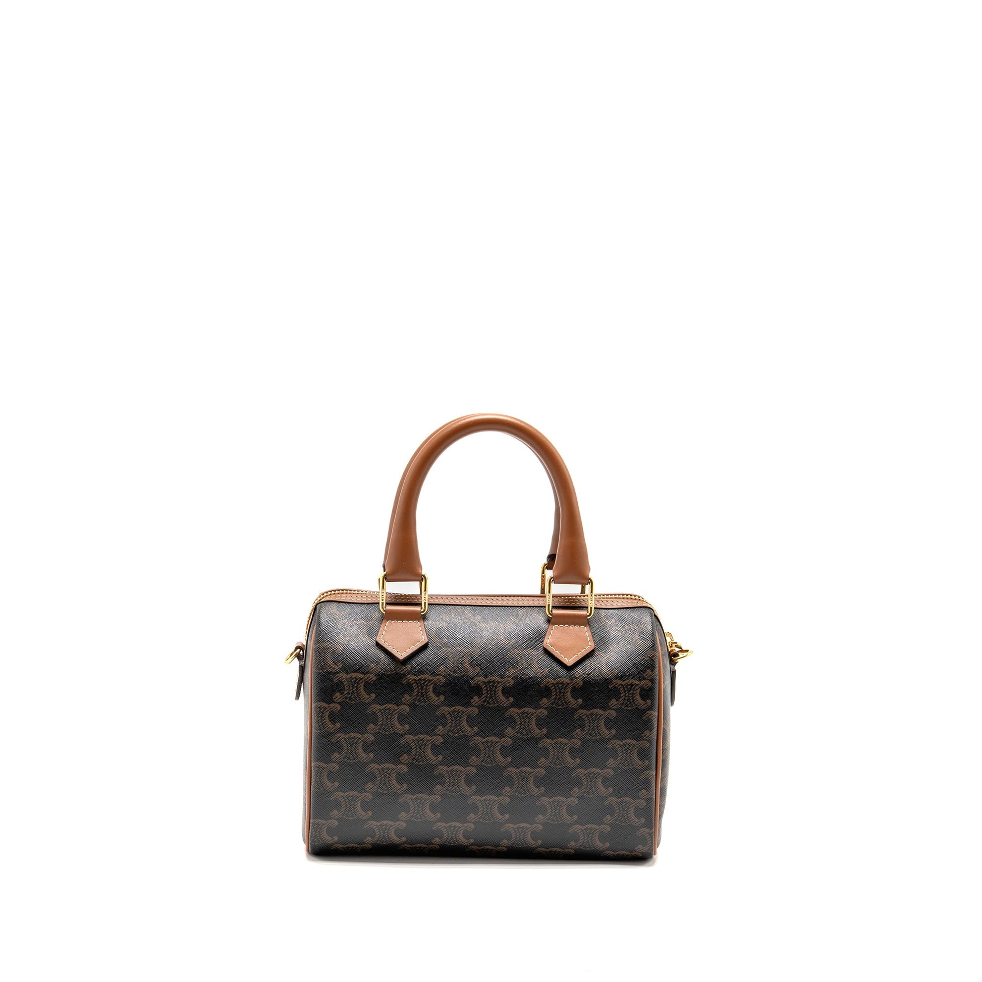 Celine Boston Purse Triomphe Calfskin Handbag Canvas Tan Travel Bag