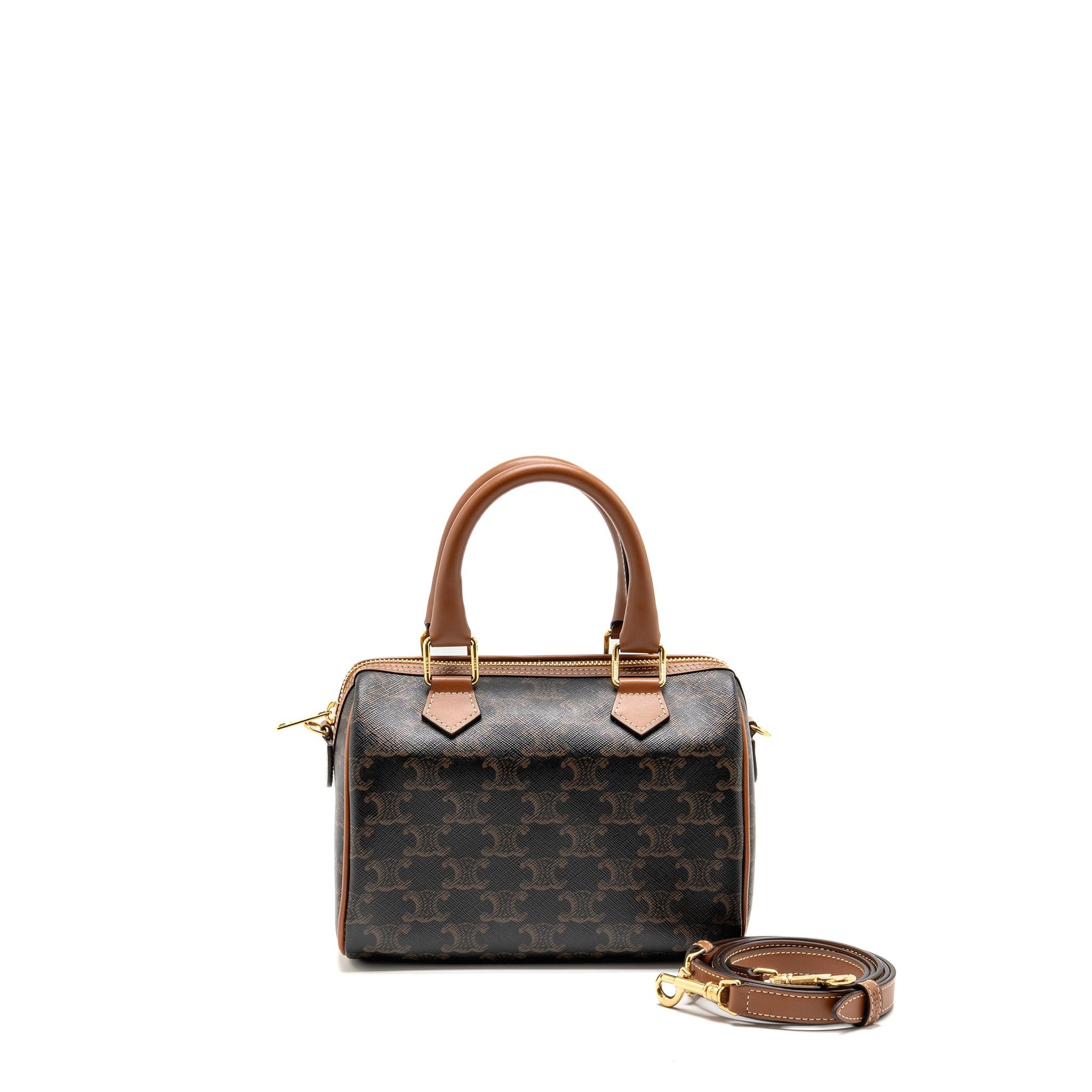 Celine Boston Purse Triomphe Calfskin Handbag Canvas Tan Travel Bag