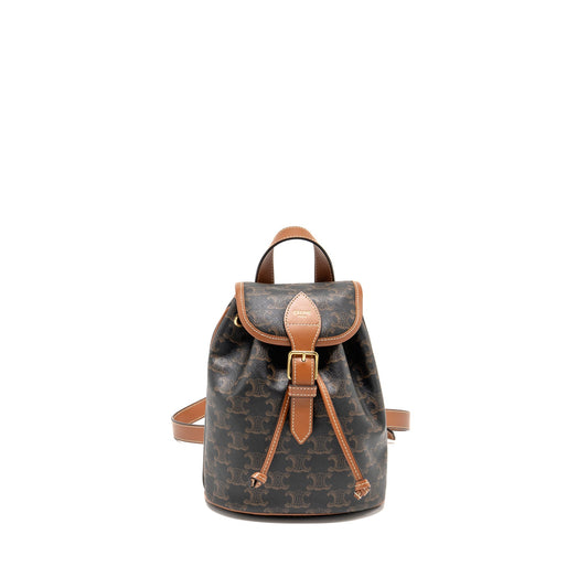 Celine Backpack Folco Triomphe Calfskin Handbag Canvas Tan