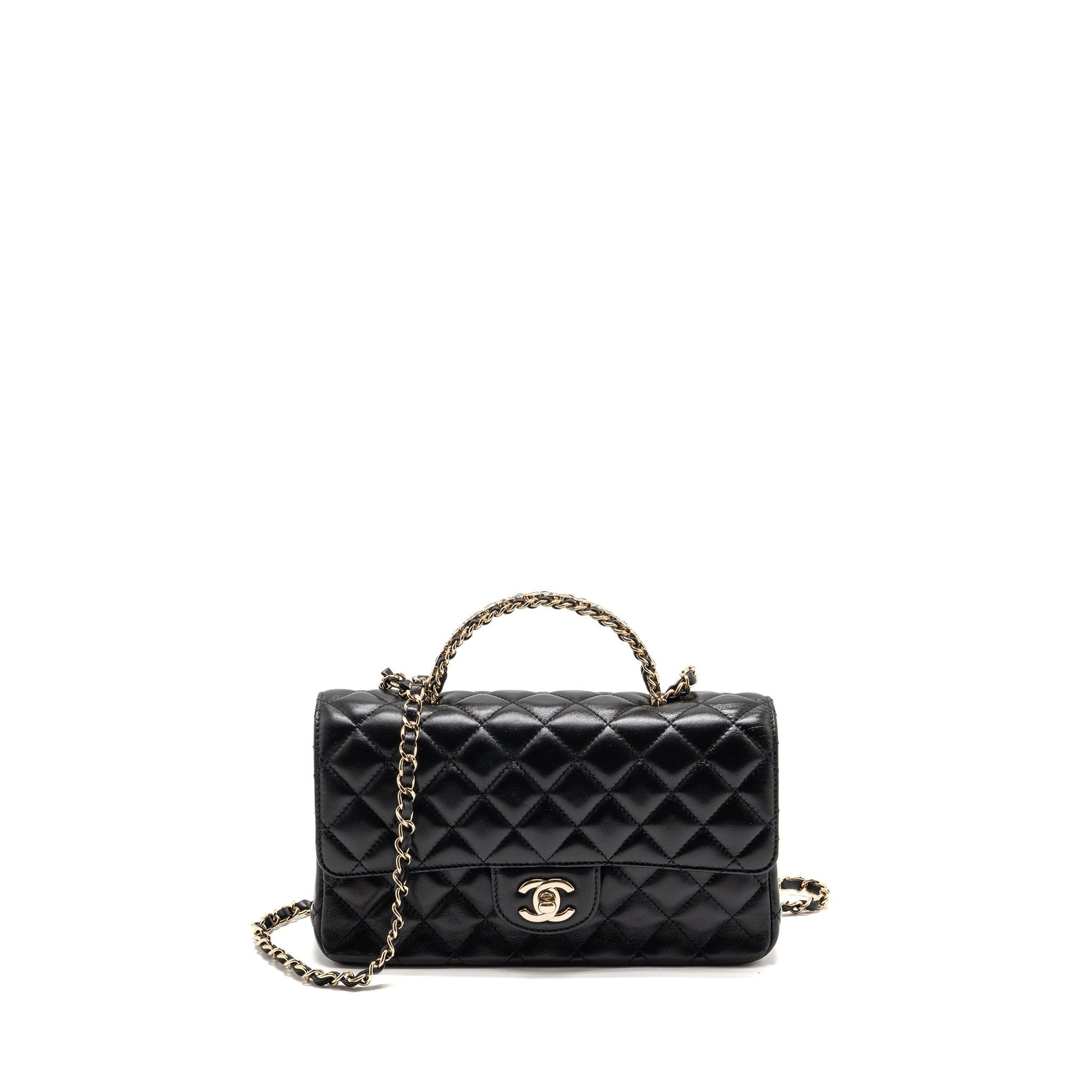 Chanel 23a Crystal Top Handle Flap Shiny Black Shoulder Bag Lambskin Lghwmicrochip