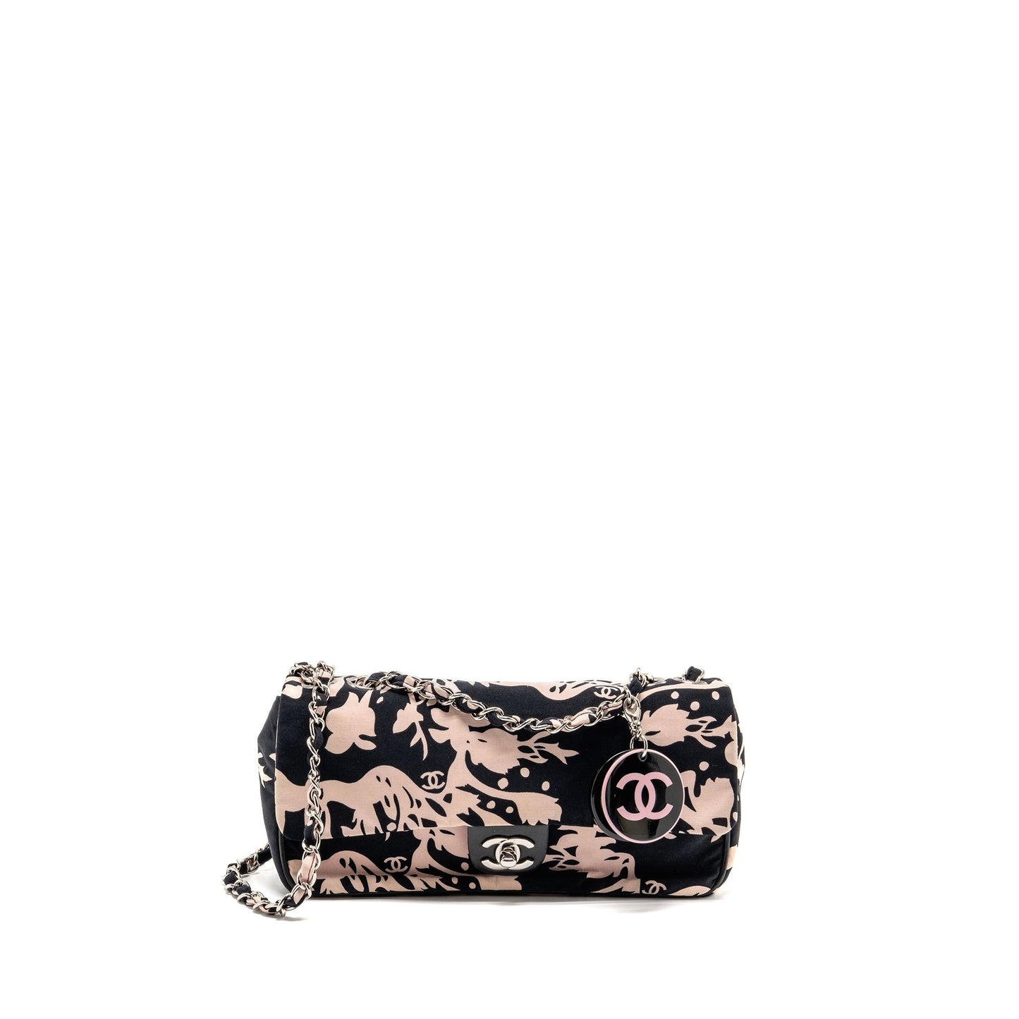 Chanel Charm Single Flap Fabric SHW Black Pink Key Chain