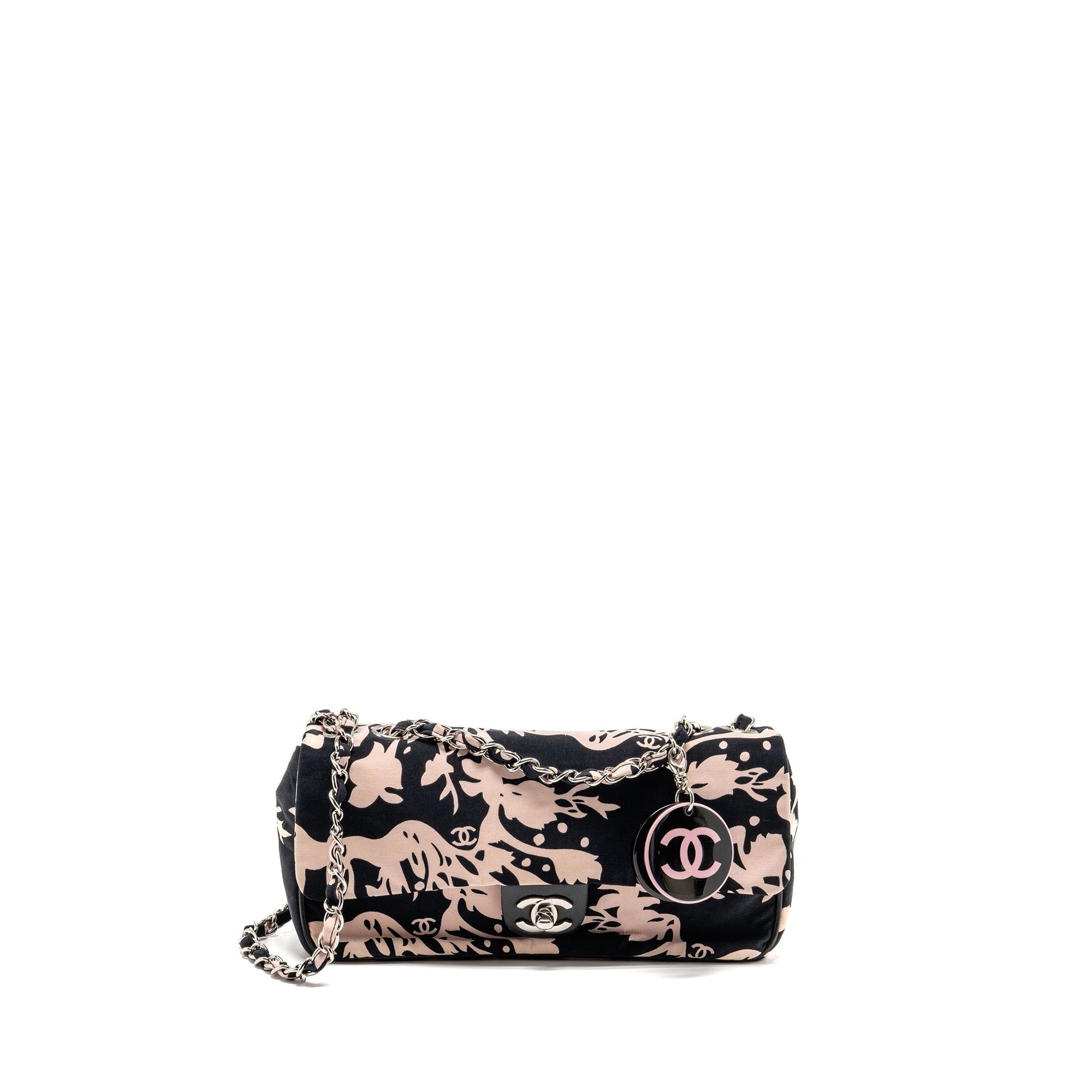 Chanel Charm Single Flap Fabric SHW Black Pink Key Chain