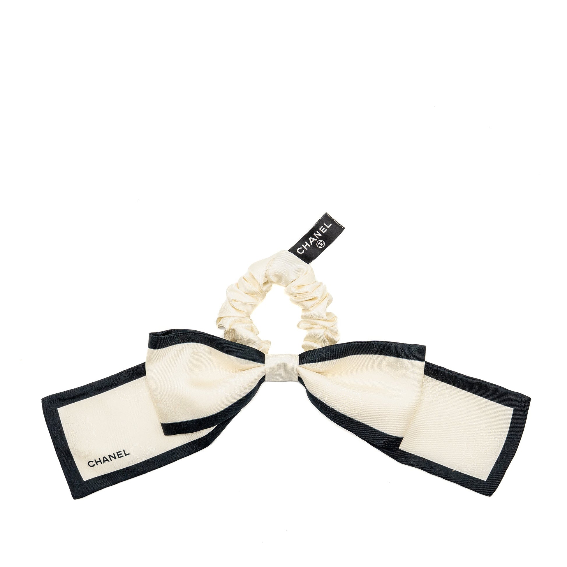 Chanel Camellia Letter Hair Tie Silk Twill Black Handbag