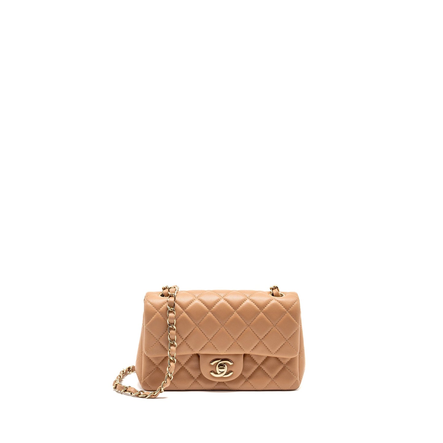 Chanel Rectangular Flap Lambskin Caramel LGHW Microchip Beige Shoulder Bag