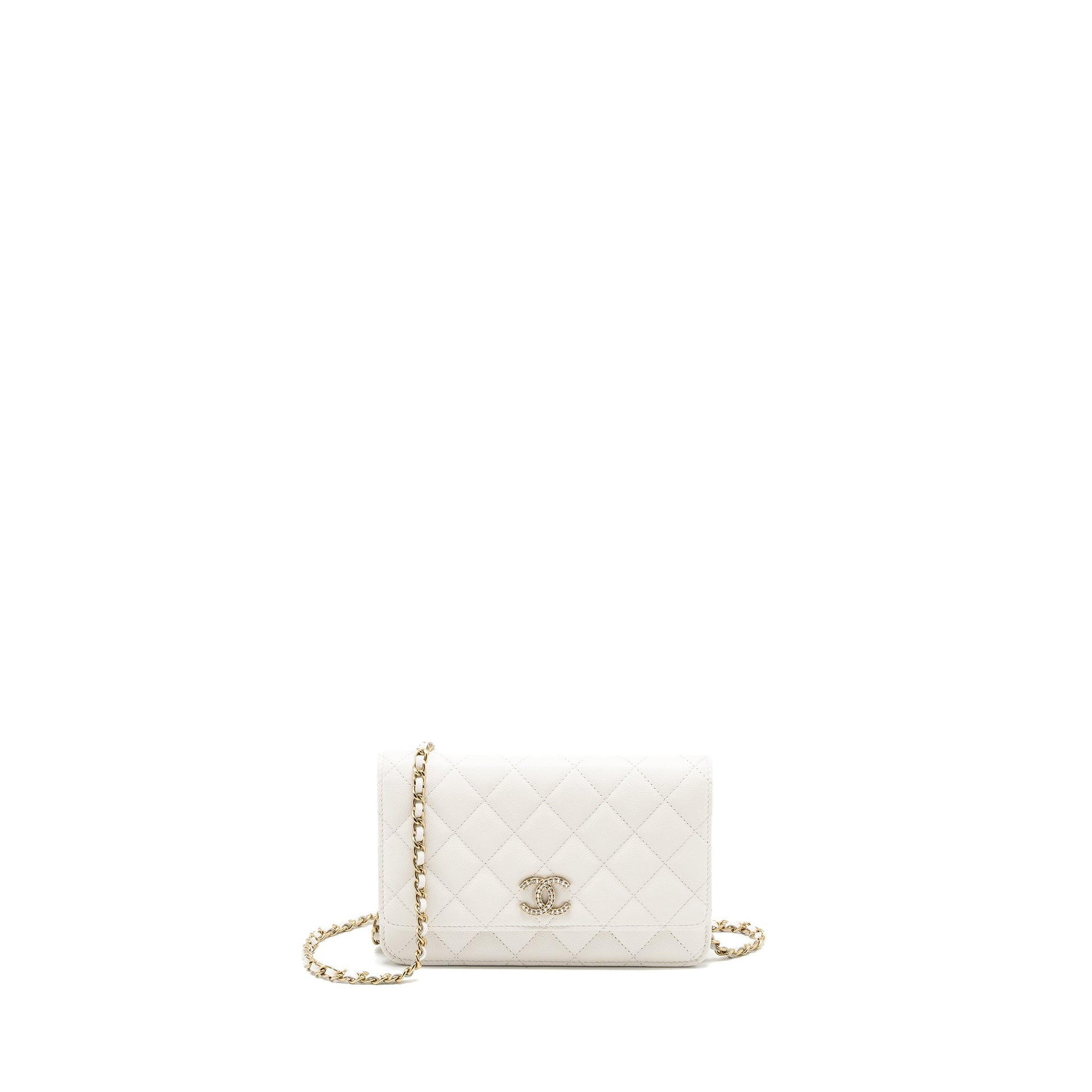 Chanel Detail Crystal CC Logo On Caviar White Wallet Case