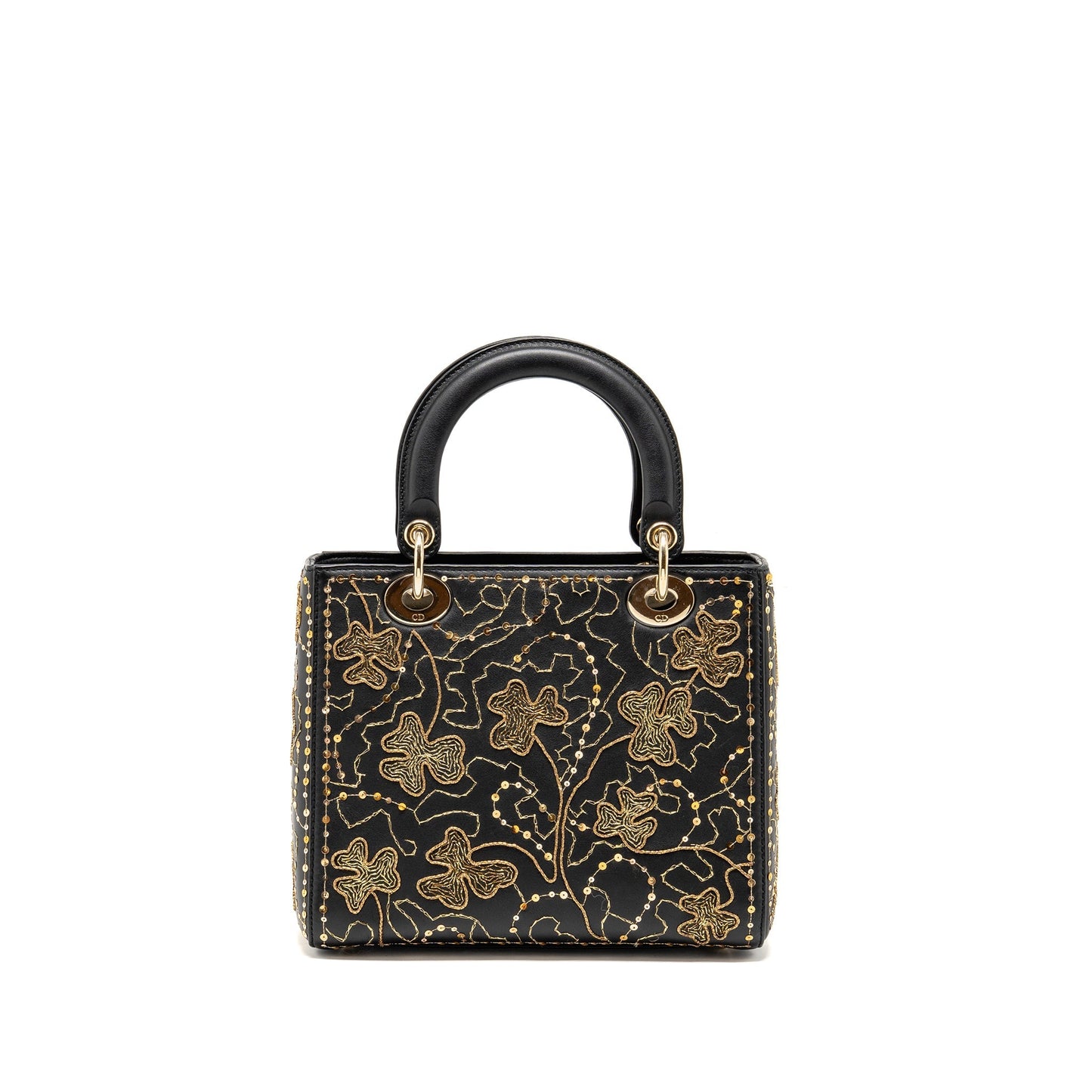 Dior Medium Lady Embroidered Floral Limited Edition Gold Leather Black Travel Bag