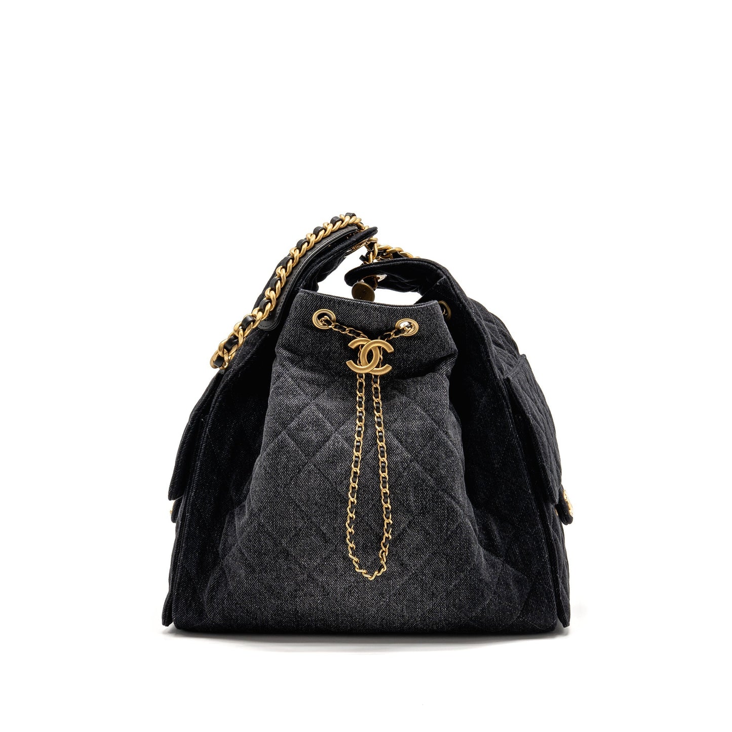 Chanel 25 Washed Denim GHW Microchip Black Blue Handbag Bag Blue