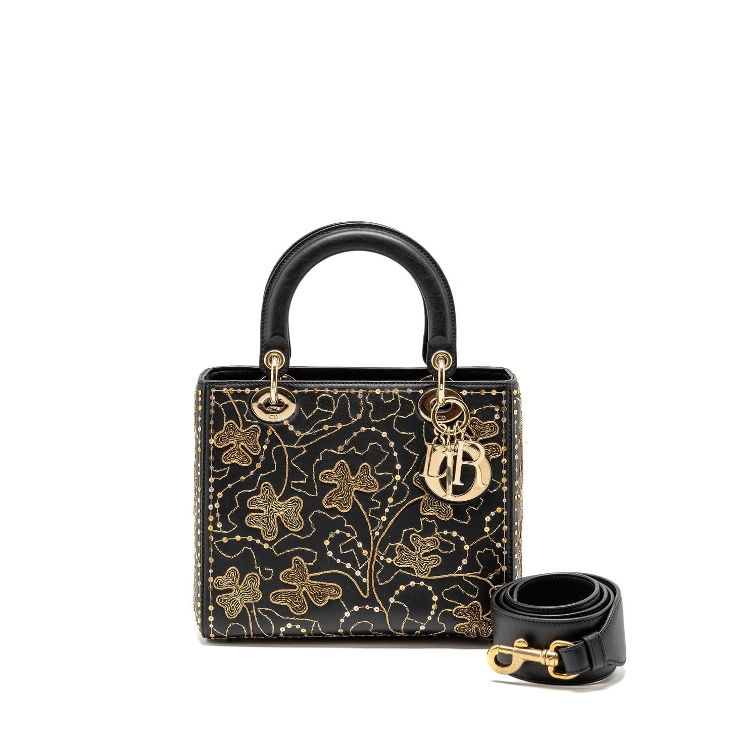 Dior Medium Lady Embroidered Floral Limited Edition Gold Leather Black Travel Bag