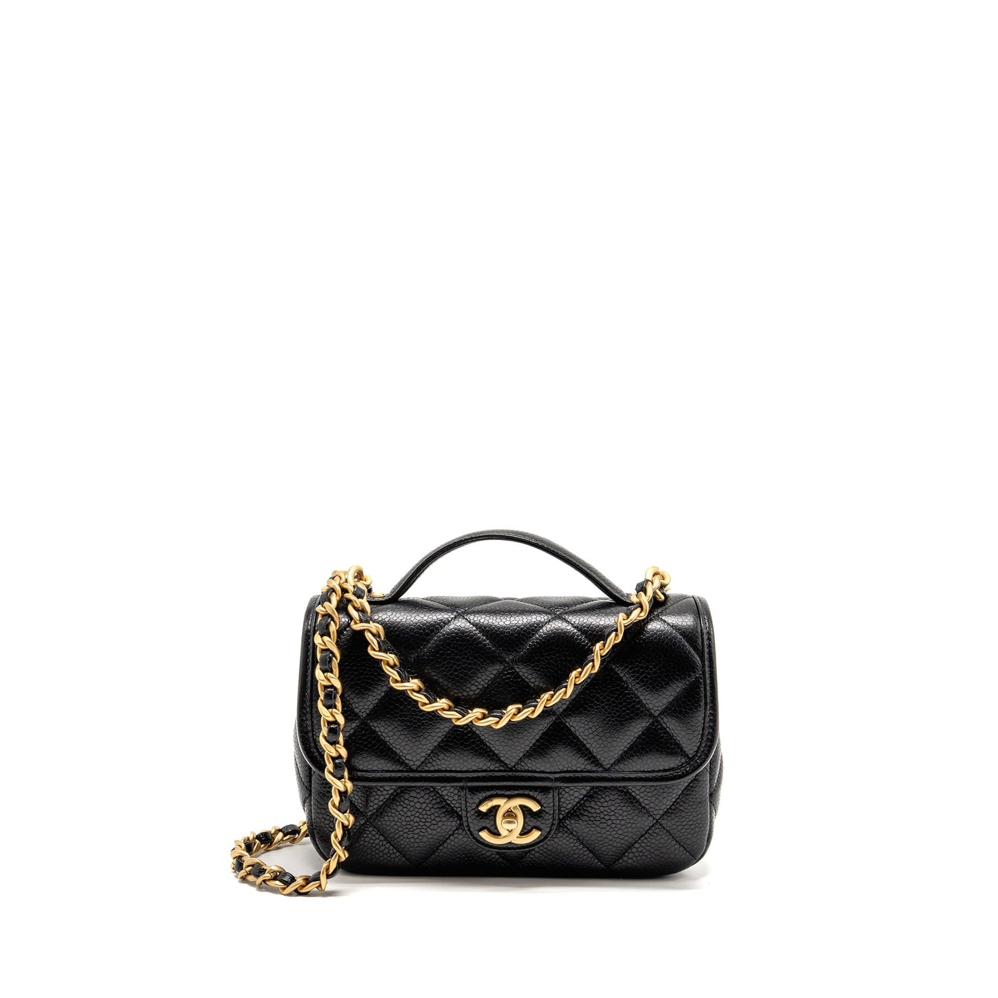 Chanel Top Handle Quilted CC Flap Grained Black Shoulder Bag