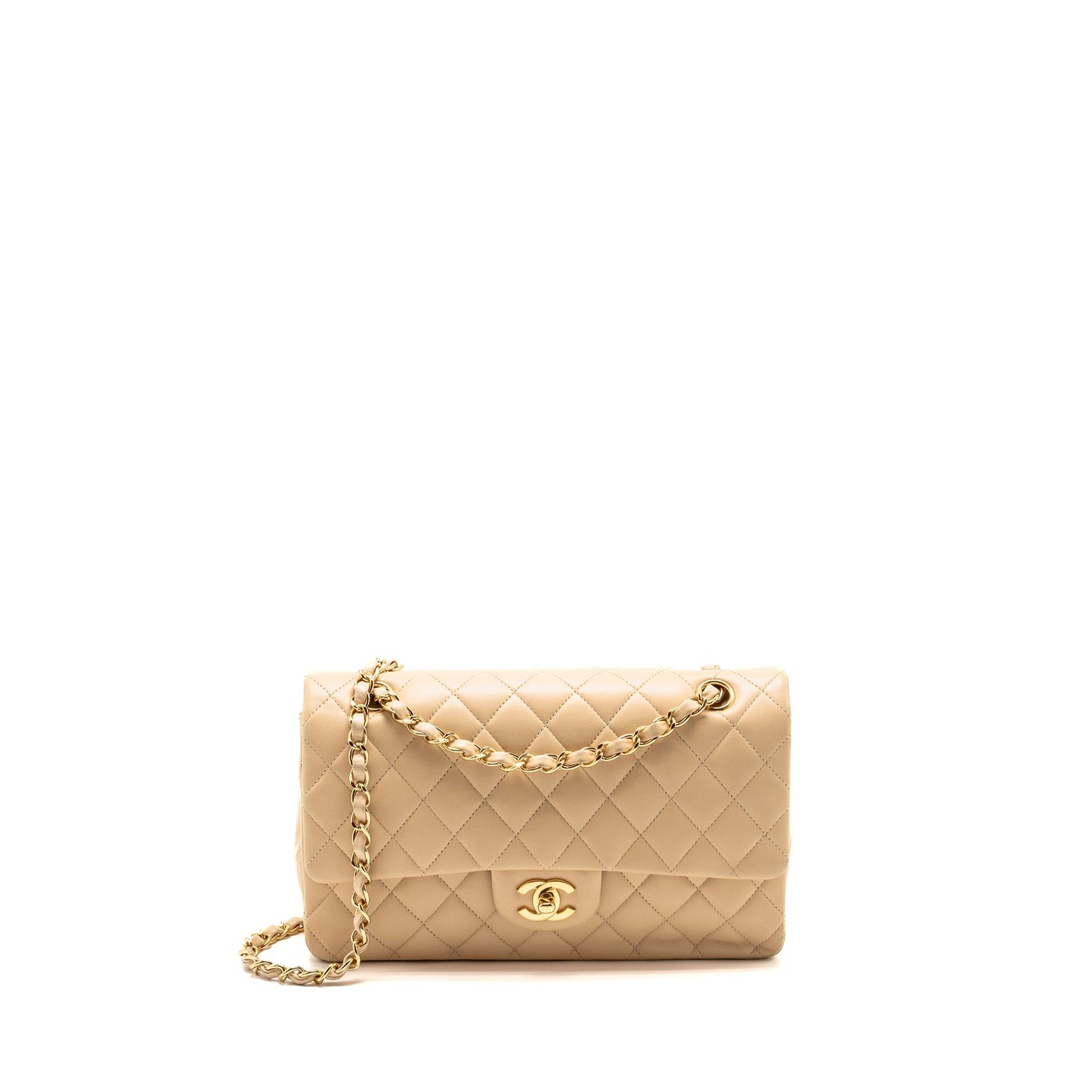 Chanel Double Flap Lambskin GHW Beige Shoulder Bag