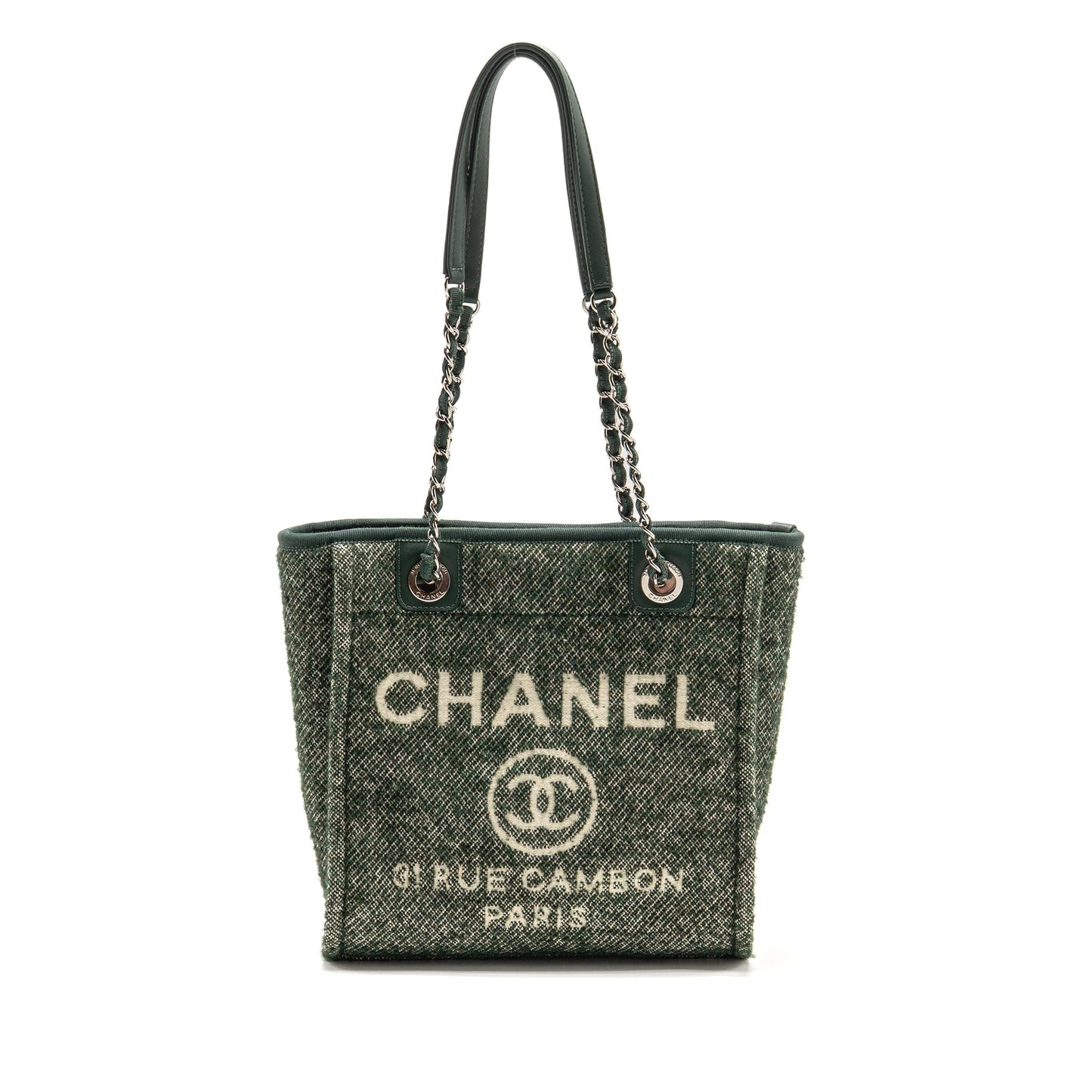 Chanel Shopping Fabric SHW Microchip Black White Green Small Leather Tote Bag