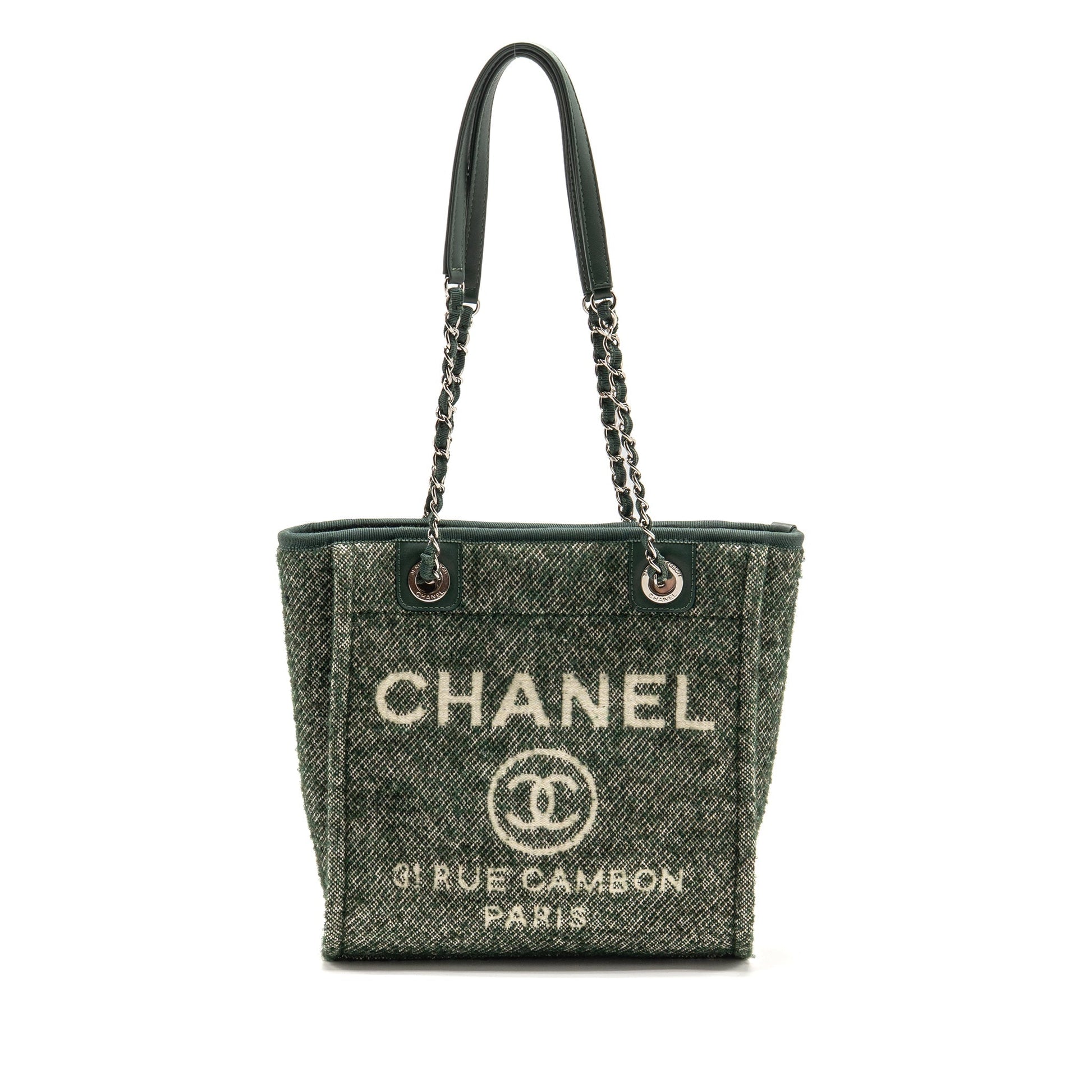 Chanel Shopping Fabric SHW Microchip Black White Green Small Leather Tote Bag