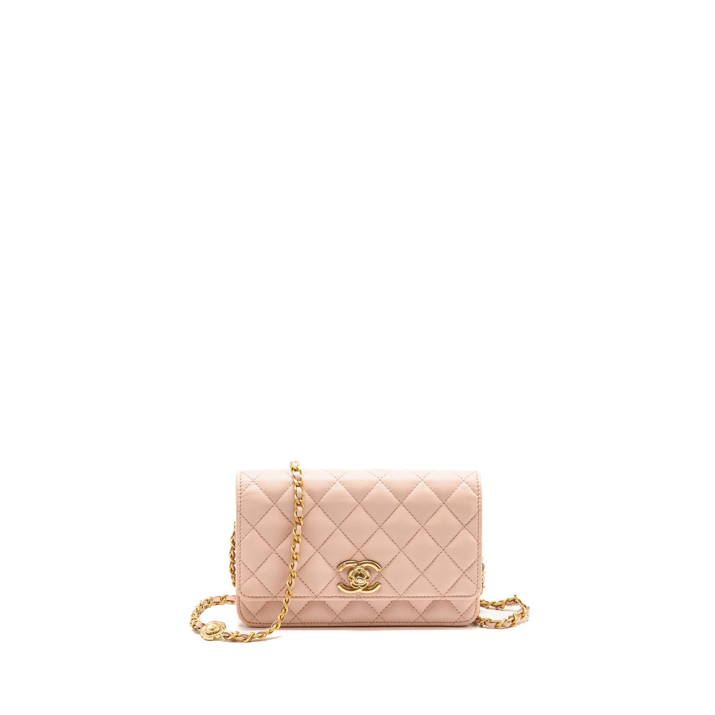 Chanel Camellia Turnlock On Caviar Light GHW Pink Wallet Case