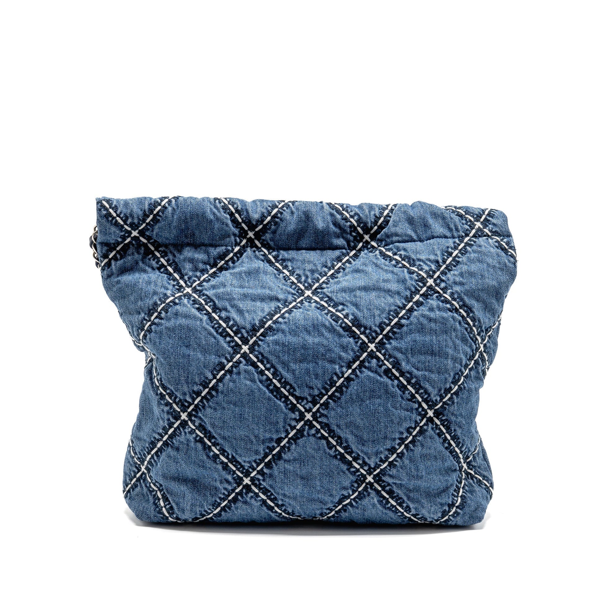 Chanel 22 Denim Stitching SHW Microchip White Blue Small Handbag