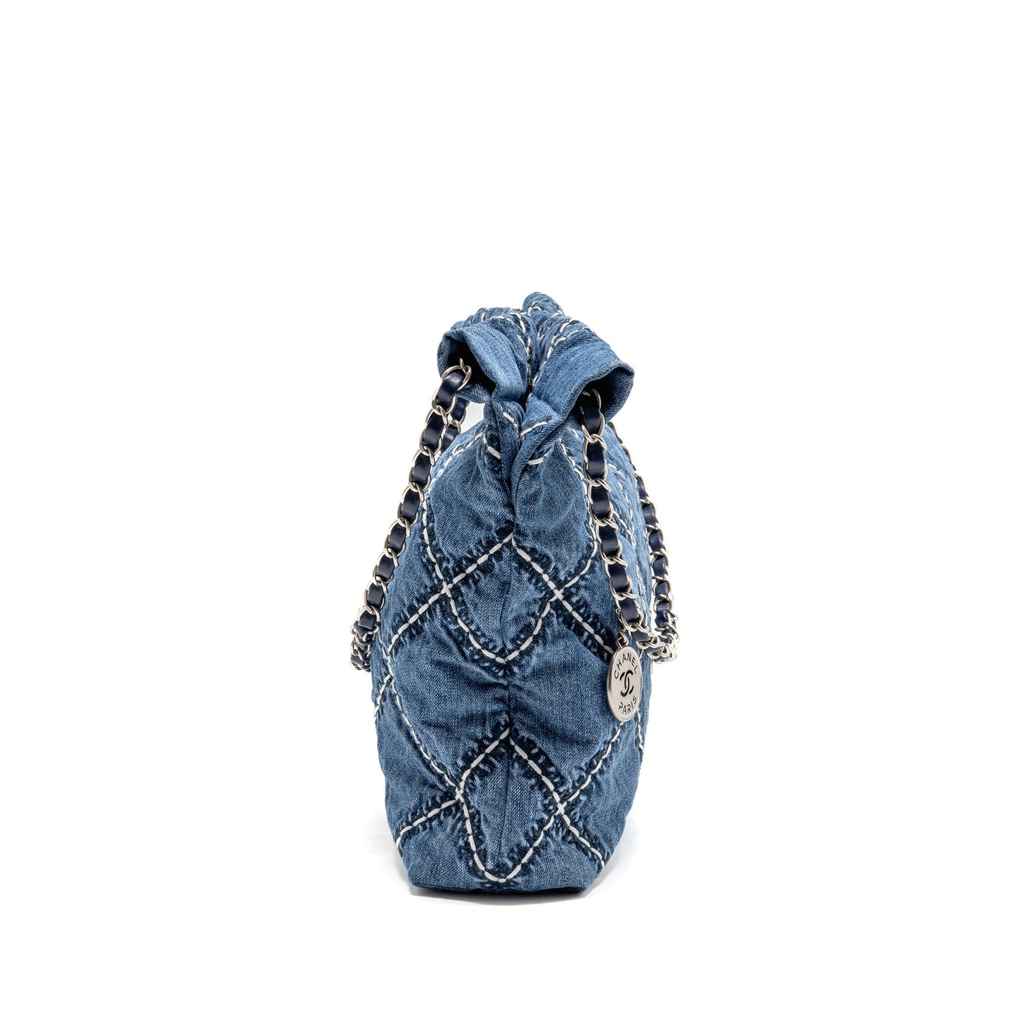 Chanel 22 Denim Stitching SHW Microchip White Blue Small Handbag