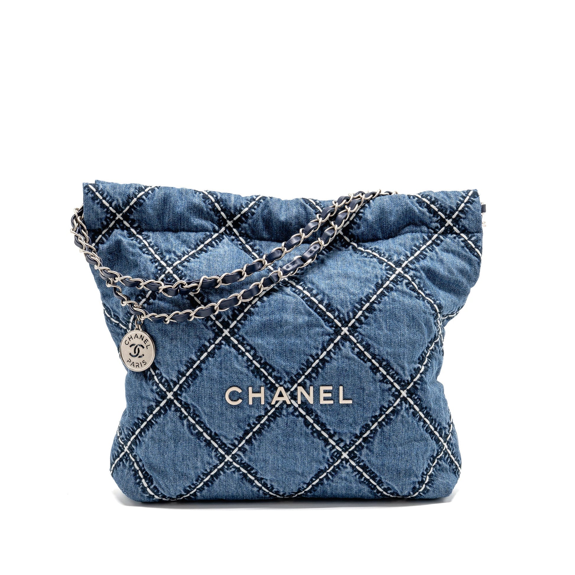 Chanel 22 Denim Stitching SHW Microchip White Blue Small Handbag