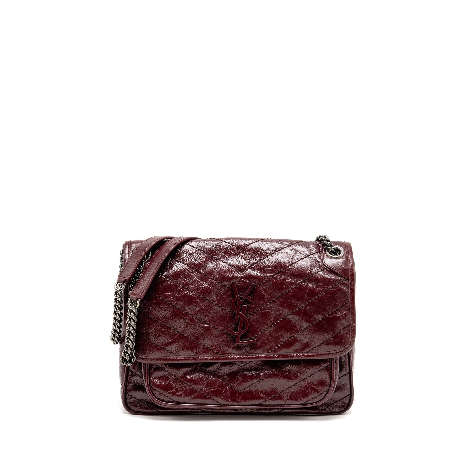 YSL Saint Laurent Niki Purse Calfskin Burgundy Ruthenium Shoulder Bag Mini Medium