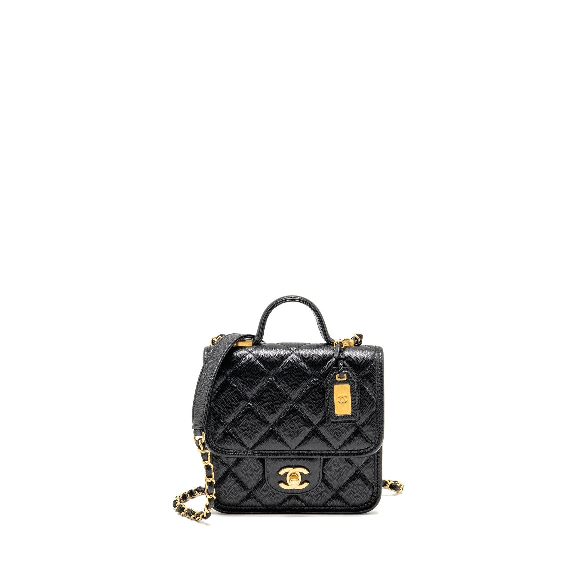 Chanel 22K Flap Top Handle Shiny Grained Black Shoulder Bag