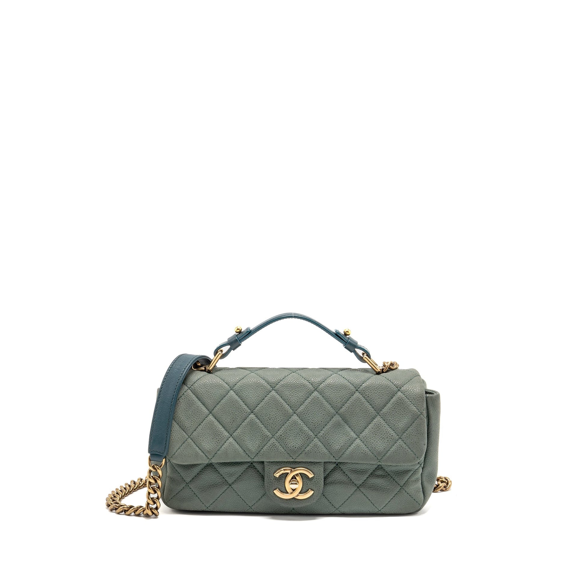 Chanel Top Handle Flap Caviar Dark GHW Green Shoulder Bag