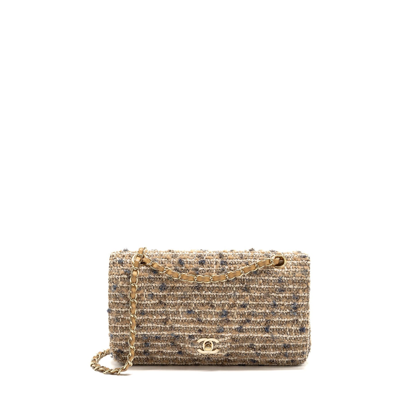 Chanel Classic Double Flap Tweed Ecru LGHW Beige Grey Shoulder Bag