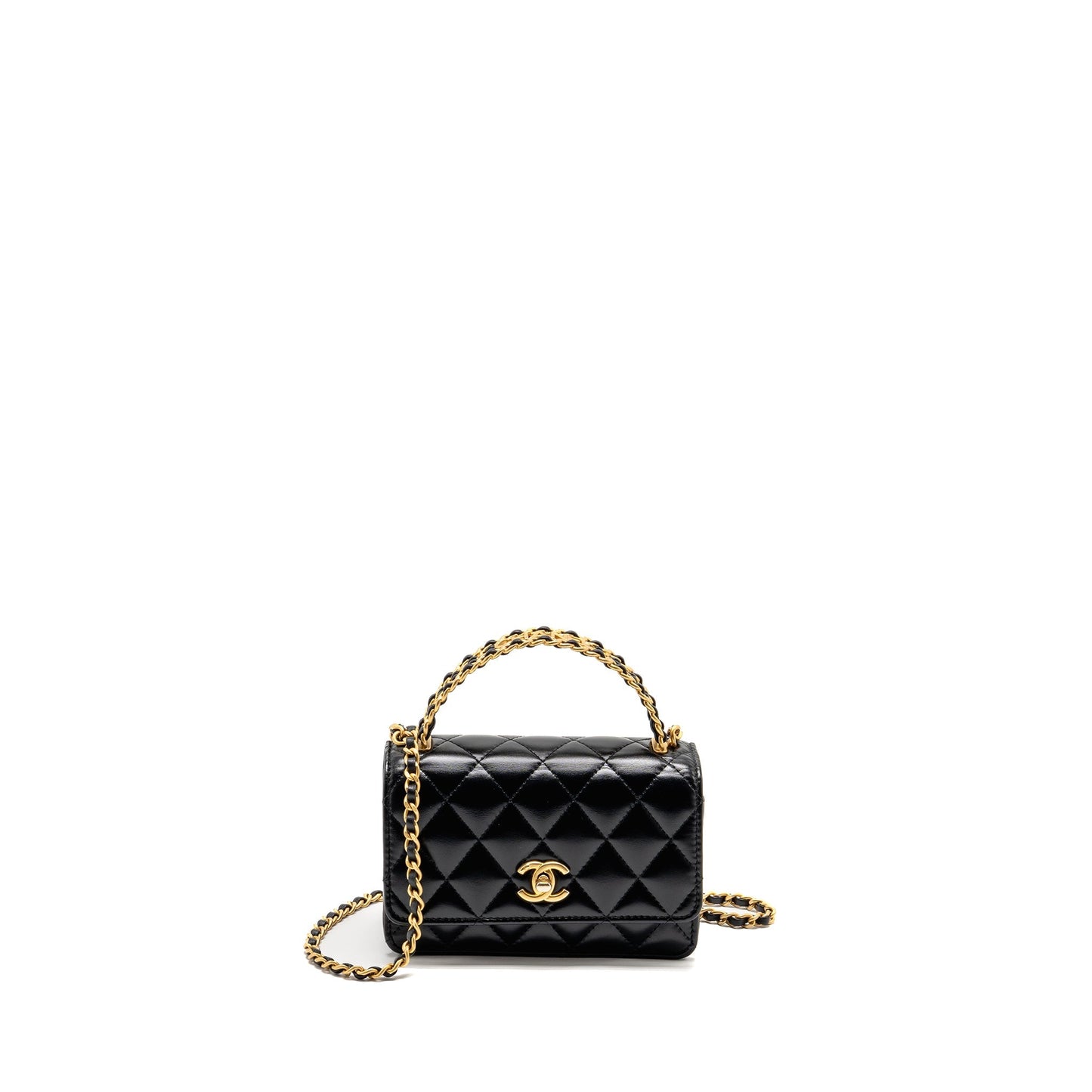 Chanel Top Handle On Calfskin GHW microchip Black Wallet Case