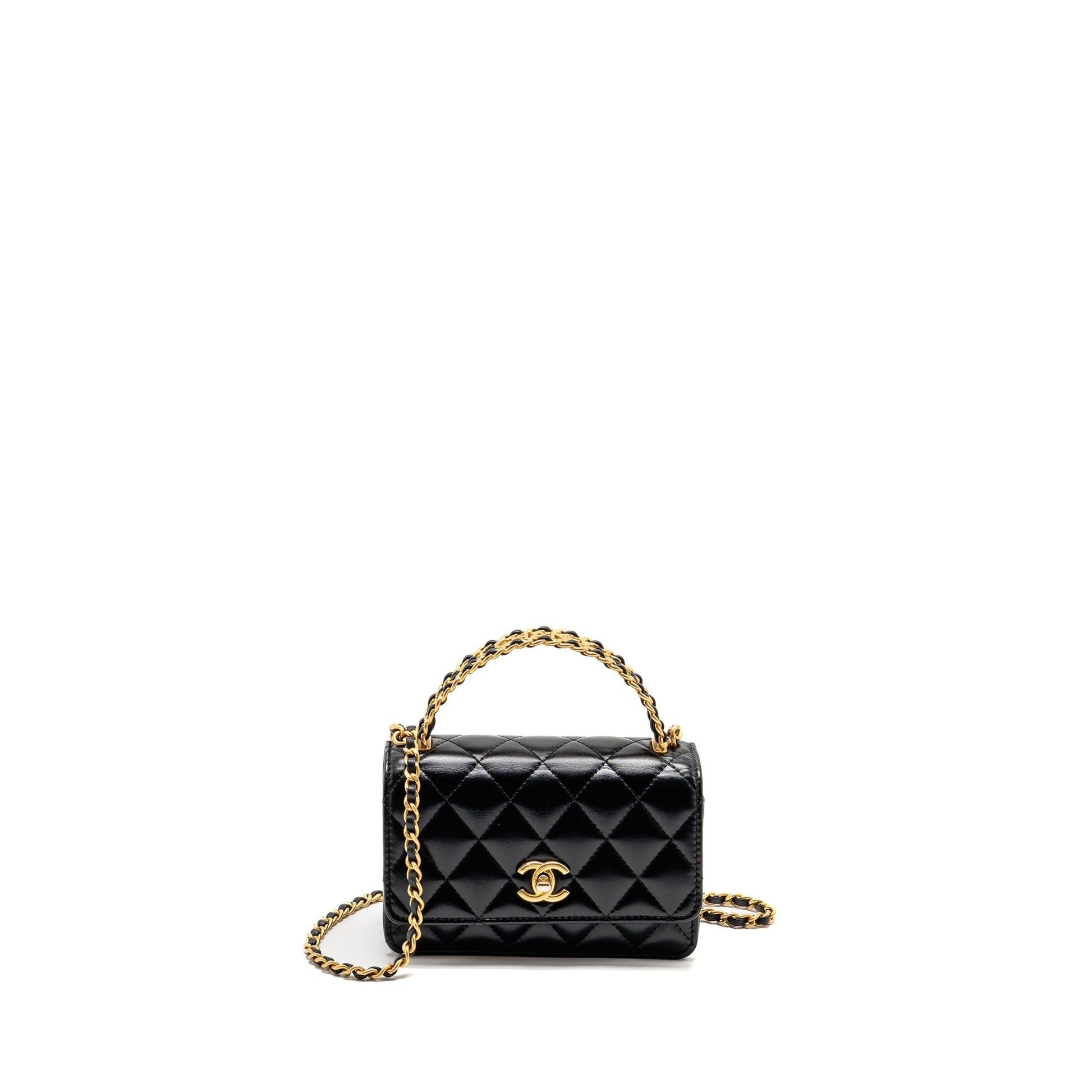 Chanel Top Handle On Calfskin GHW microchip Black Wallet Case