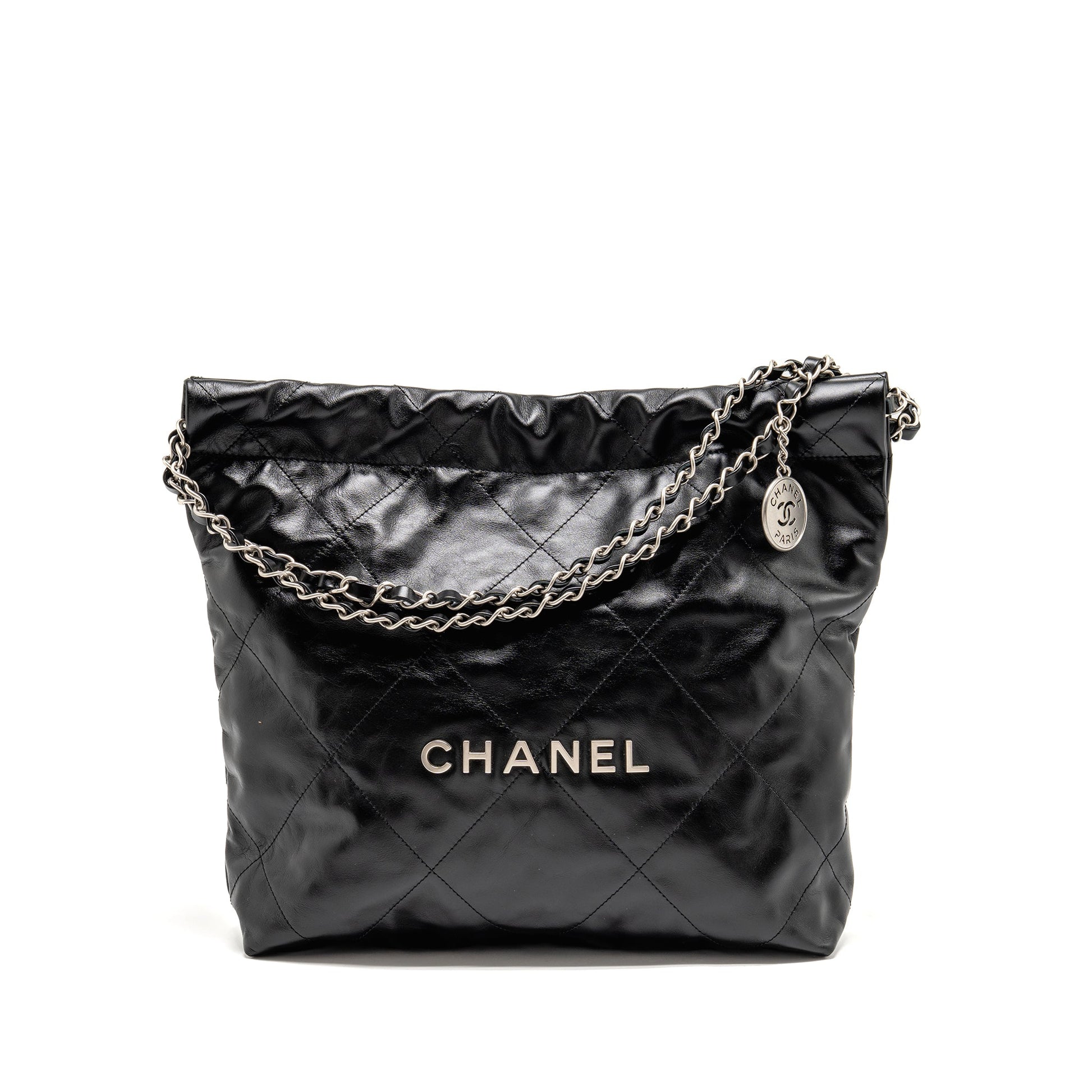 Chanel 22 Shiny Calfskin SHW Microchip Black Small Handbag