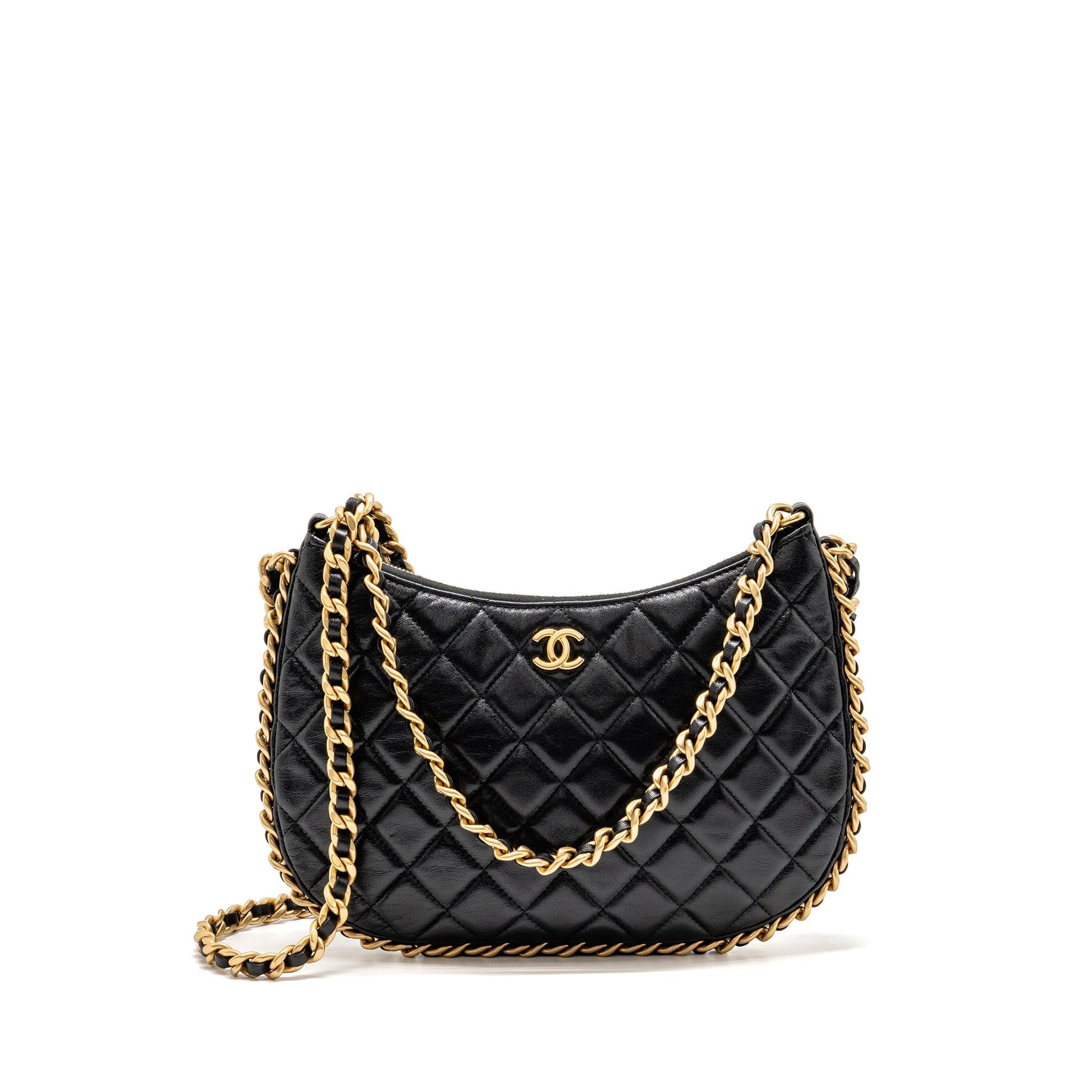 Chanel Quilted Hobo Shiny Crumpled Lambskin GHW Black Shoulder Bag