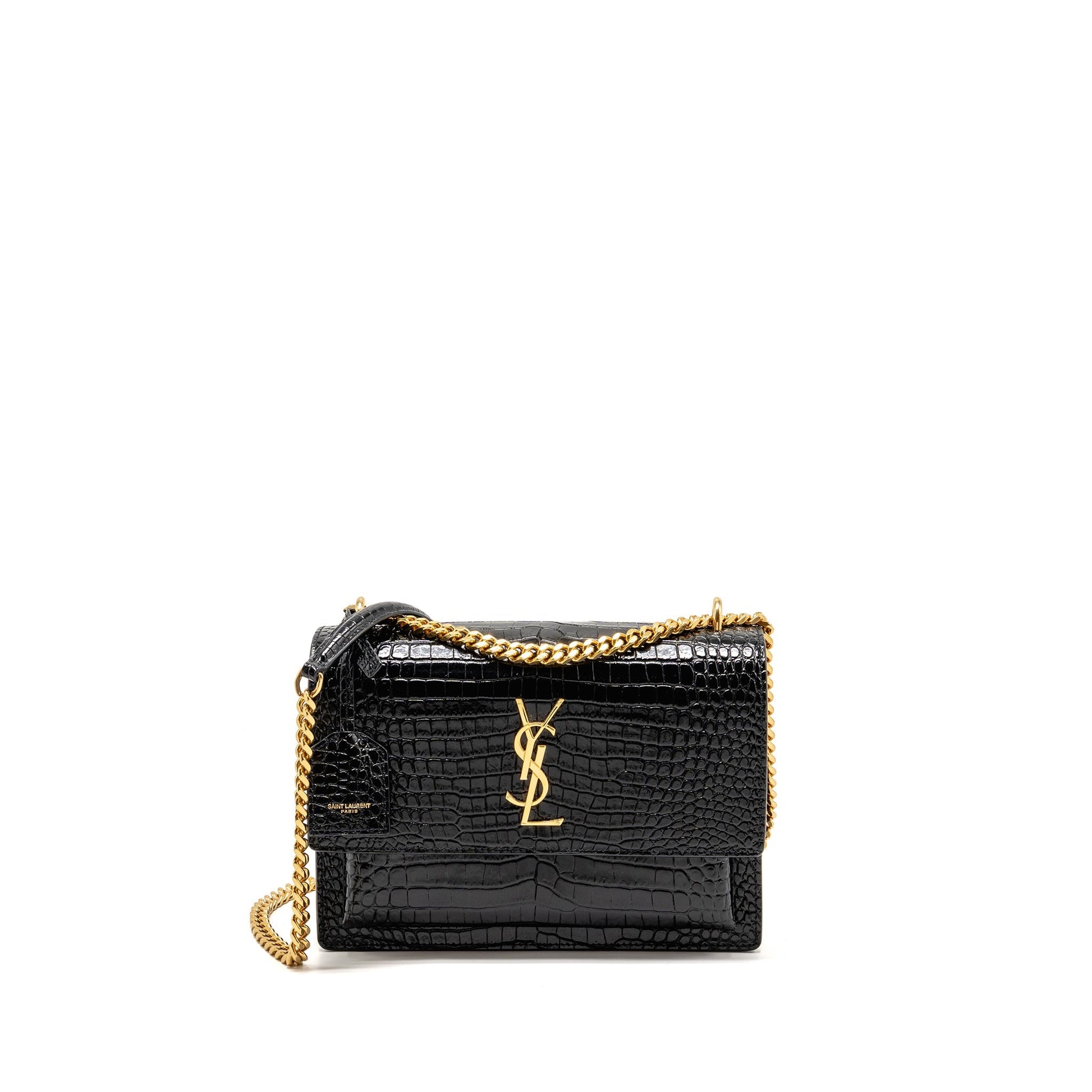 YSL Saint Laurent Sunset Crocodile Embossed Calfskin Travel Bag Black Medium
