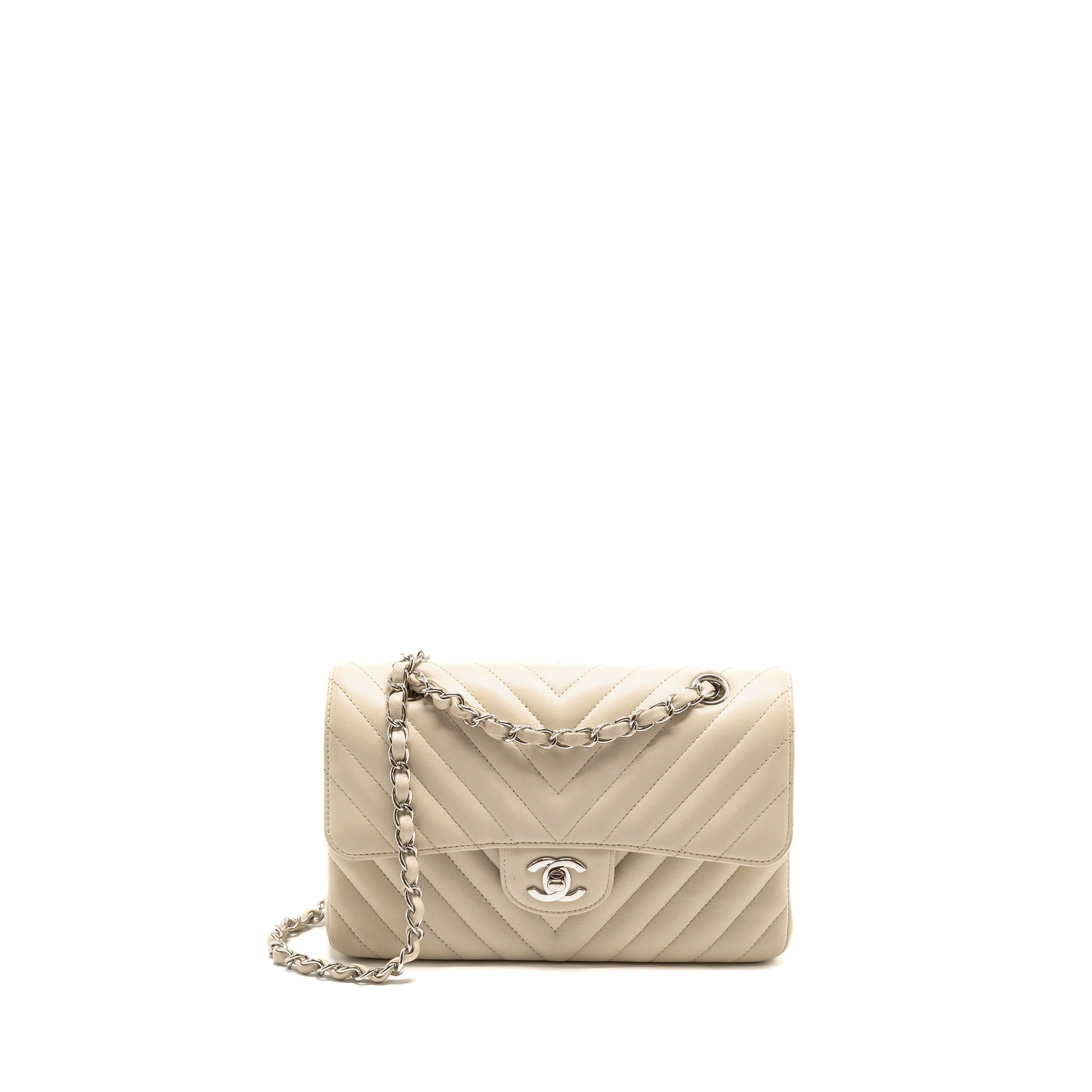 Chanel Classic Double Flap Chevron Lambskin Cream Small Shoulder Bag