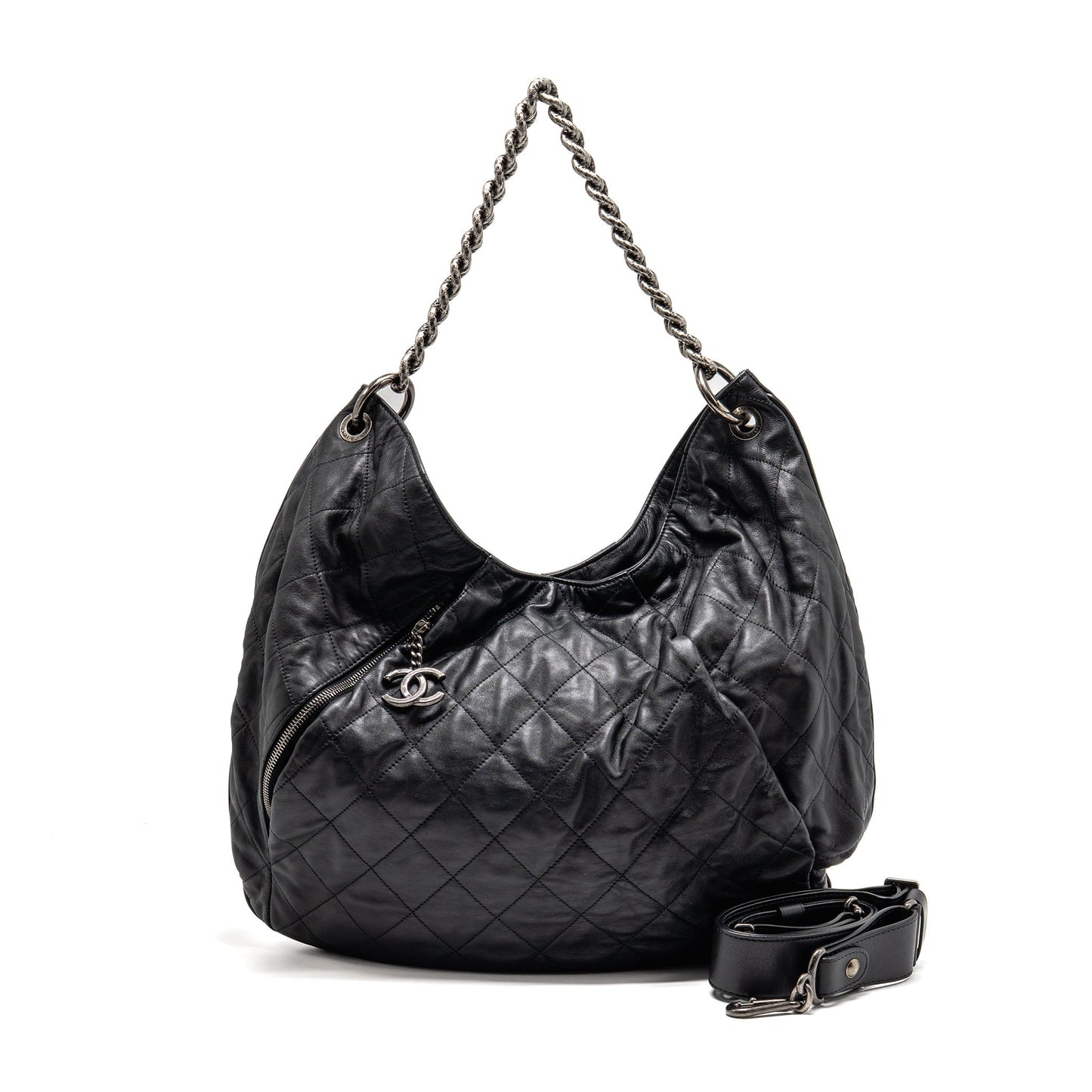 Chanel Coco Pleats Hobo Calfskin Ruthenium Hardware Black Shoulder Bag