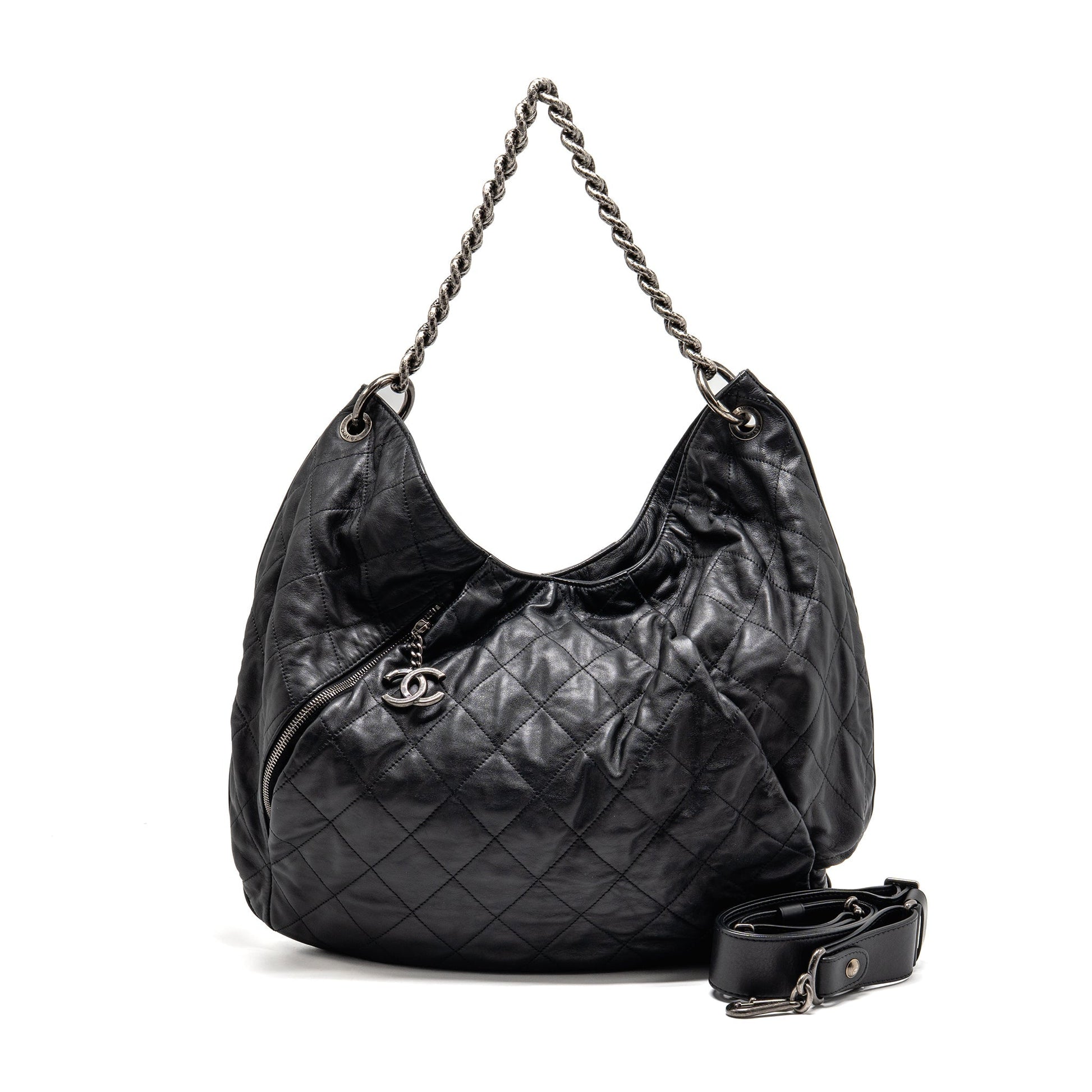Chanel Coco Pleats Hobo Calfskin Ruthenium Hardware Black Shoulder Bag