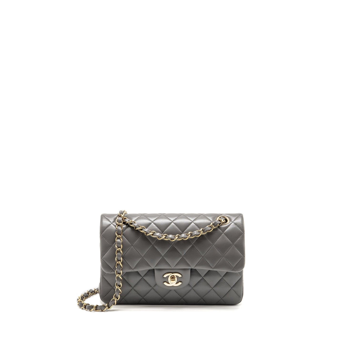 Chanel Classic Double Flap Lambskin LGHW Microchip Grey Small Shoulder Bag