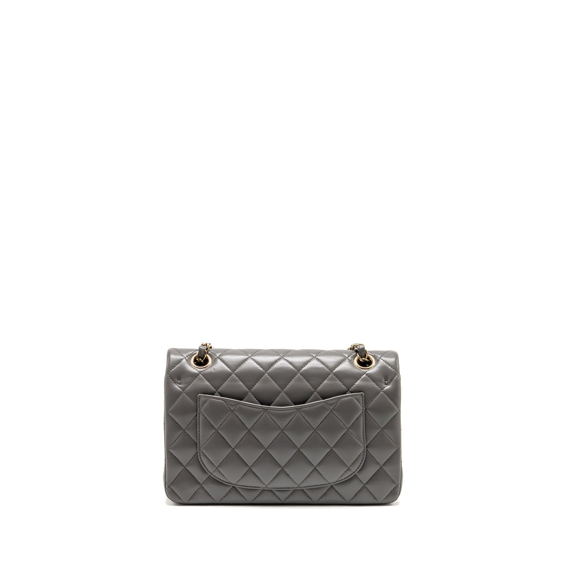 Chanel Classic Double Flap Lambskin LGHW Microchip Grey Small Shoulder Bag