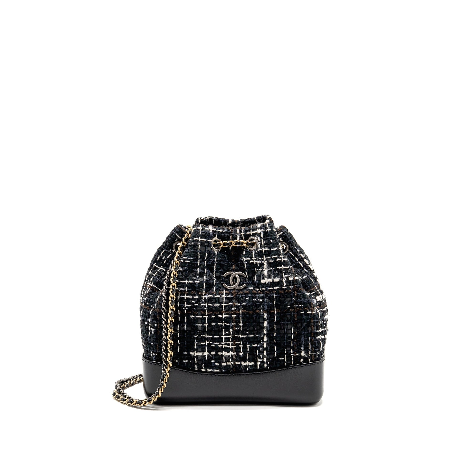 Chanel Gabrielle Tweed Backpack Hardware Multicolour Black White Brown Small