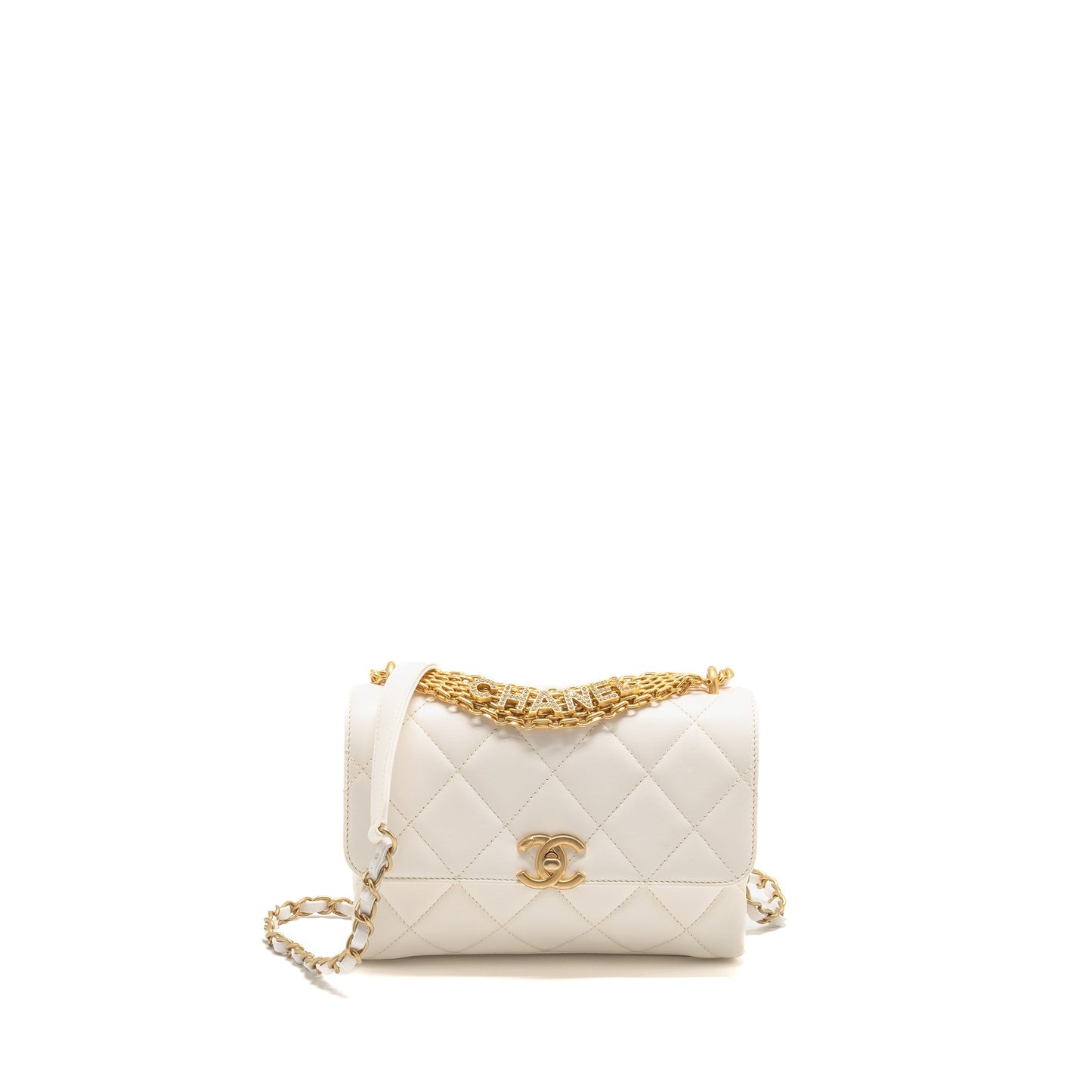 Chanel Quilted Flap Letter Lambskin GHW Microchip White Shoulder Bag Ghw Microchip