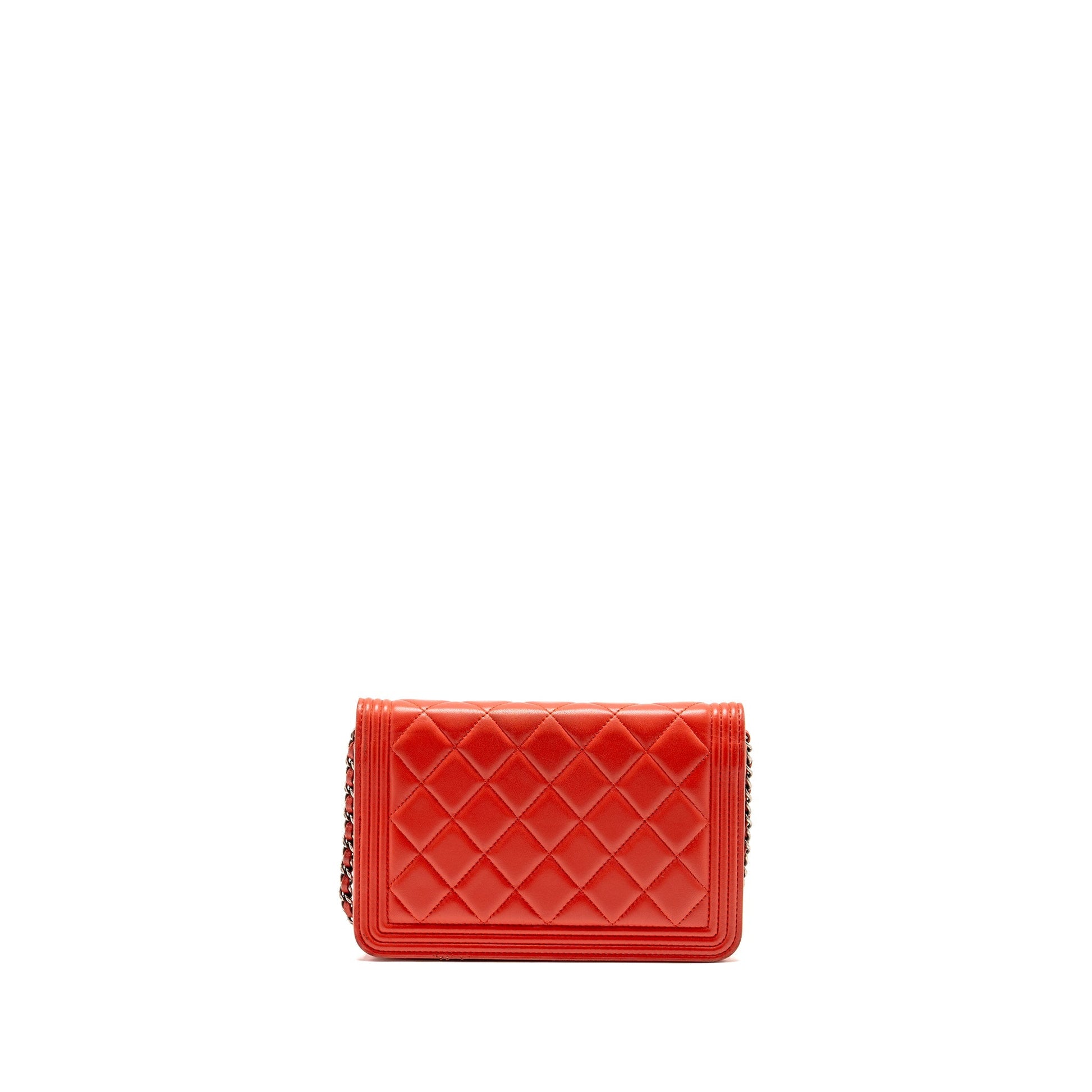 Chanel Boy On Lambskin Ruthenium Hardware Red Silver Wallet Case