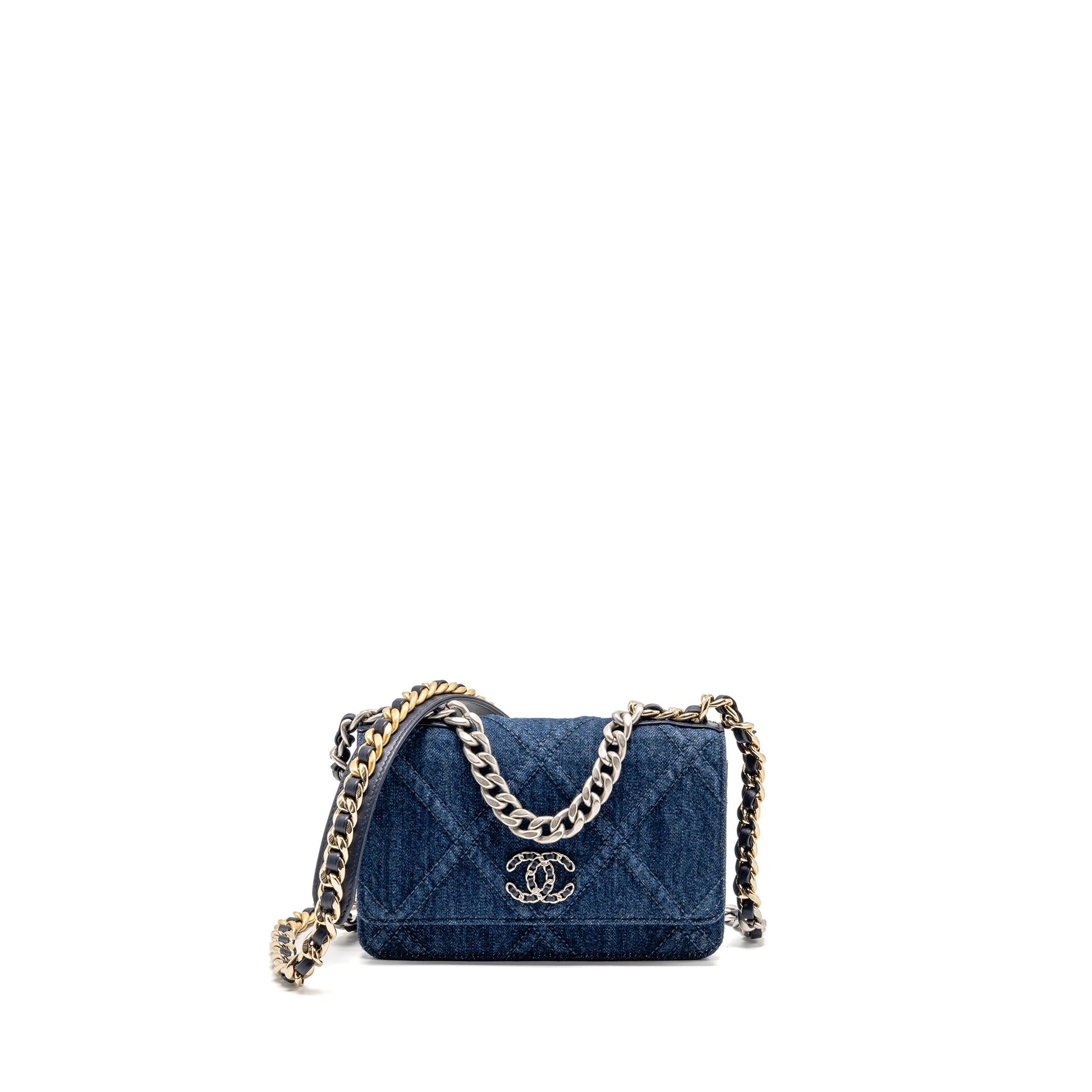 Chanel 19 On Denim Dark Hardware Microchip Multicolor Multicolour Blue Wallet Case