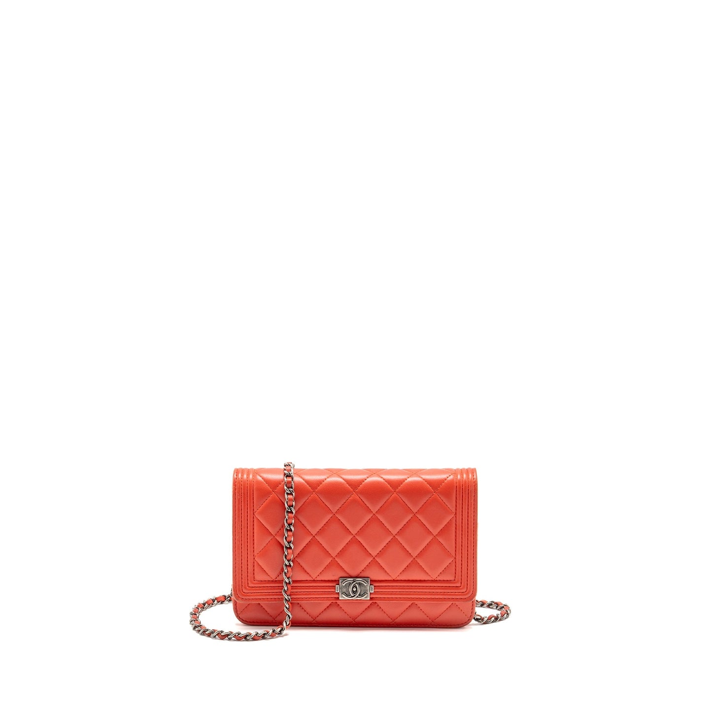 Chanel Boy On Lambskin Ruthenium Hardware Red Silver Wallet Case