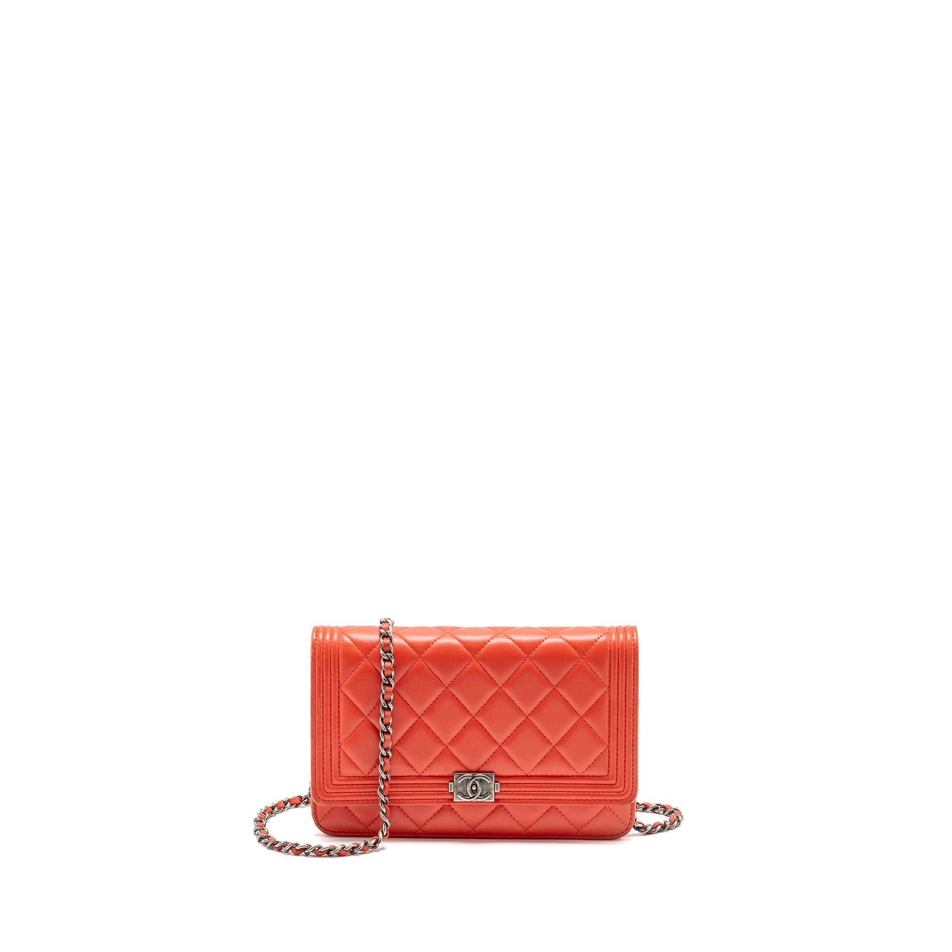 Chanel Boy On Lambskin Ruthenium Hardware Red Silver Wallet Case