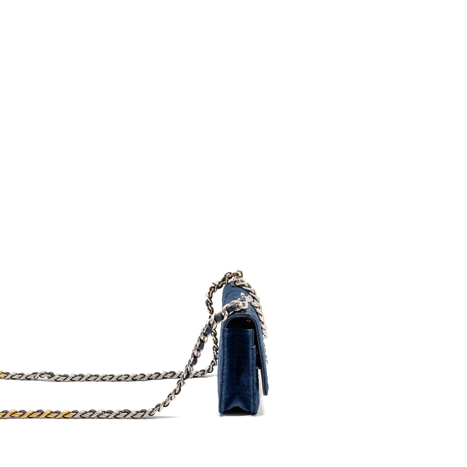Chanel 19 On Denim Dark Hardware Microchip Multicolor Multicolour Blue Wallet Case