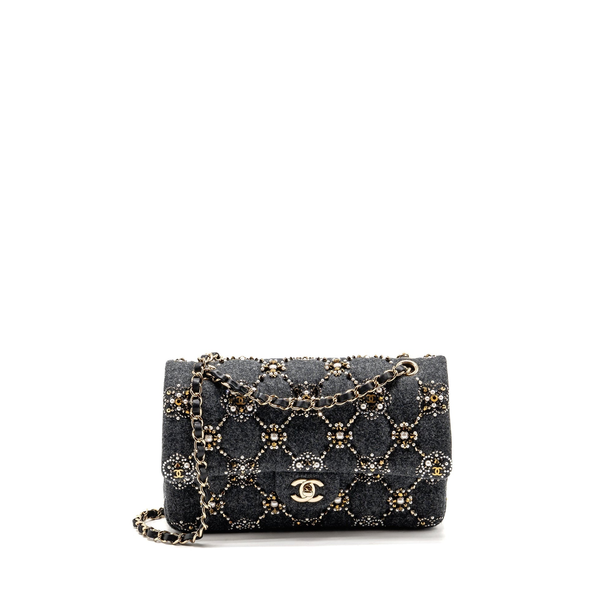 Chanel 21A pearl strass crystal classic double Grey Shoulder Bag