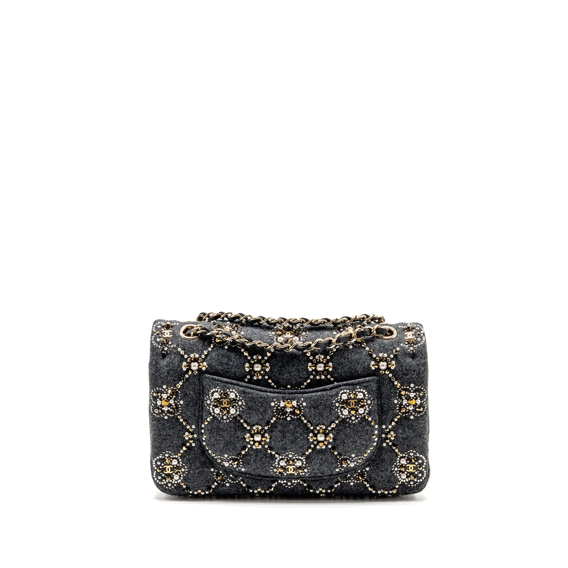 Chanel 21A pearl strass crystal classic double Grey Shoulder Bag
