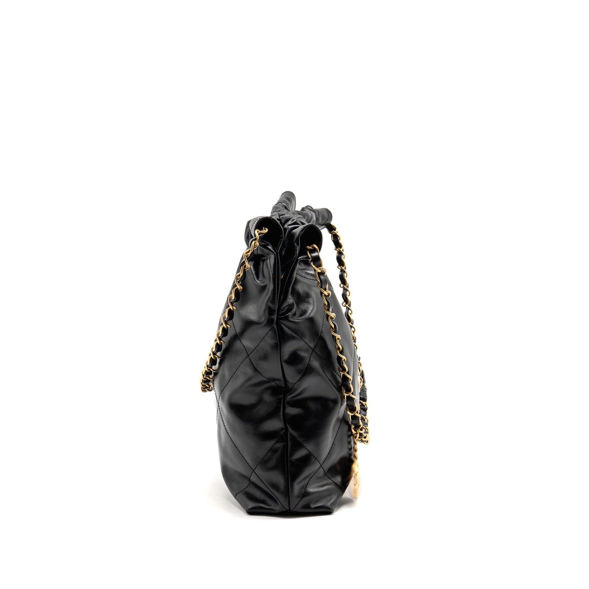 Chanel 22 Letter Shiny Calfskin GHW Microchip Black White Small Handbag