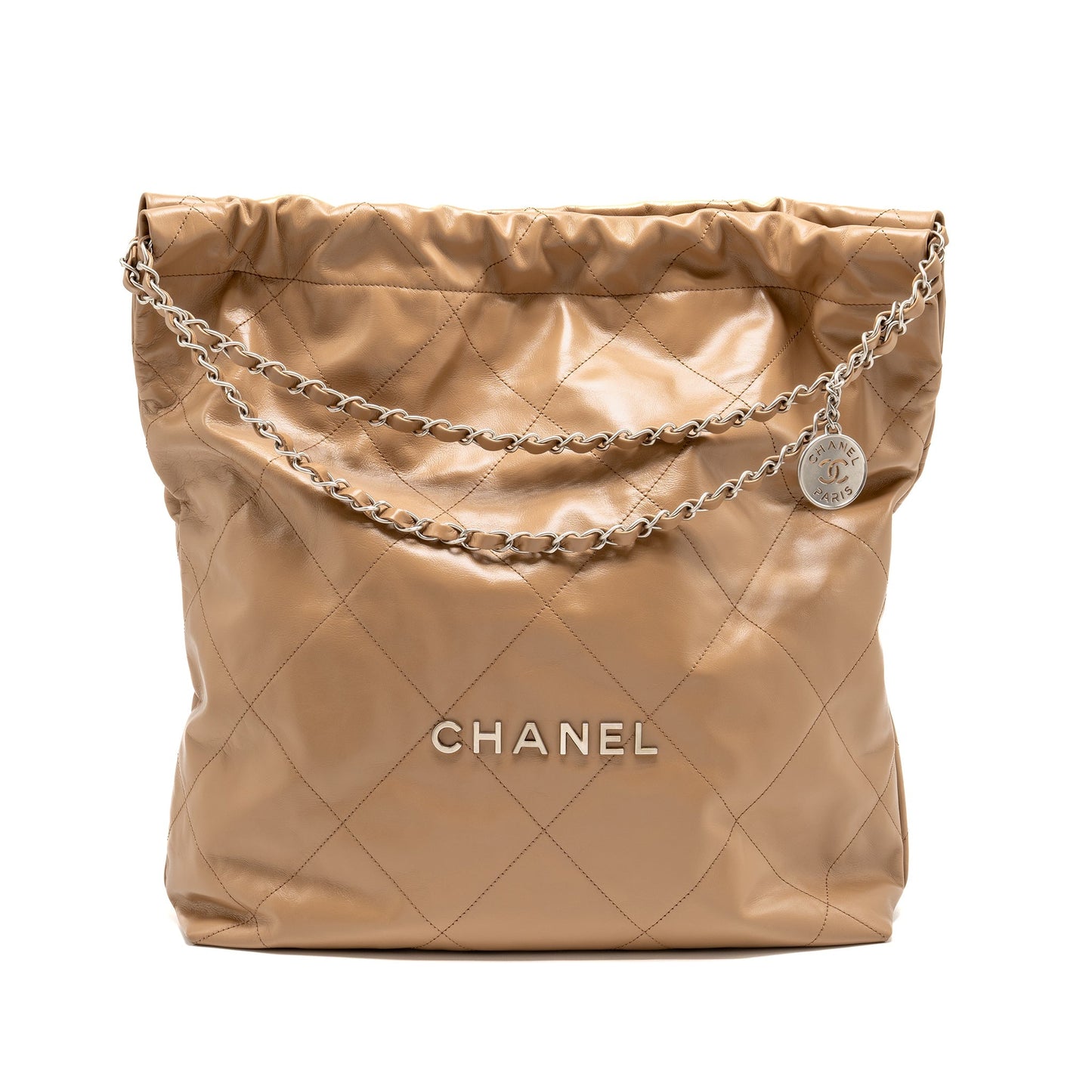 Chanel 22 Shiny Calfskin Dark SHW microchip Beige Handbag