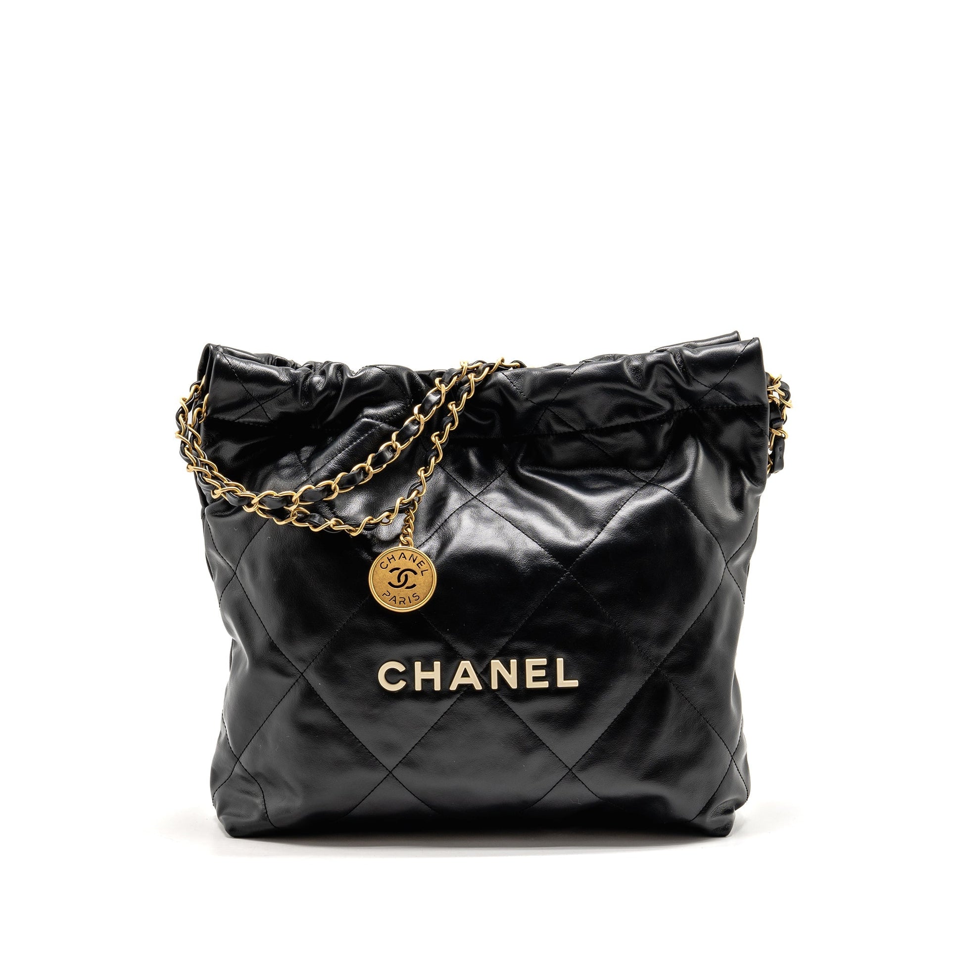 Chanel 22 Letter Shiny Calfskin GHW Microchip Black White Small Handbag