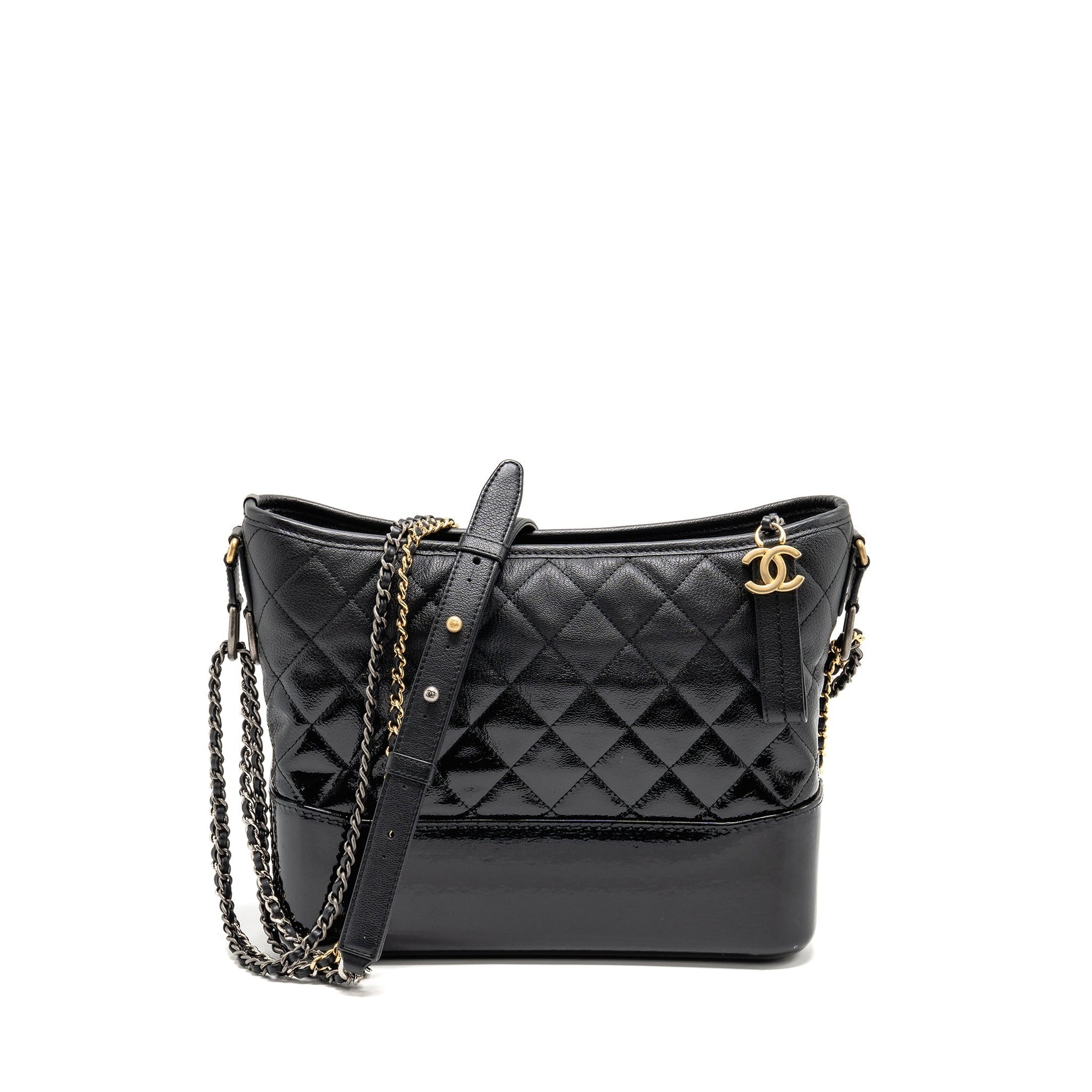 Chanel Gabrielle Hobo Calfskin Patent Hardware Multicolor Black Shoulder Bag