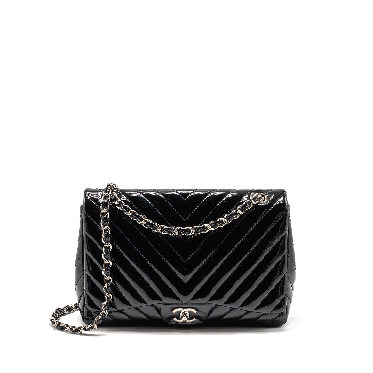 Chanel chevron jumbo single flap patent SHW Black Shoulder Bag